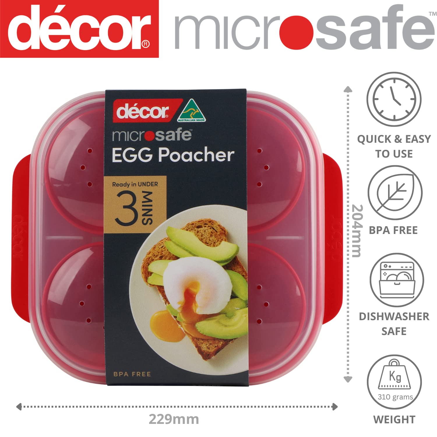 Décor Microsafe Plastic Egg Poacher - Cooks Up to 4 Eggs | Red | Dishwasher Safe