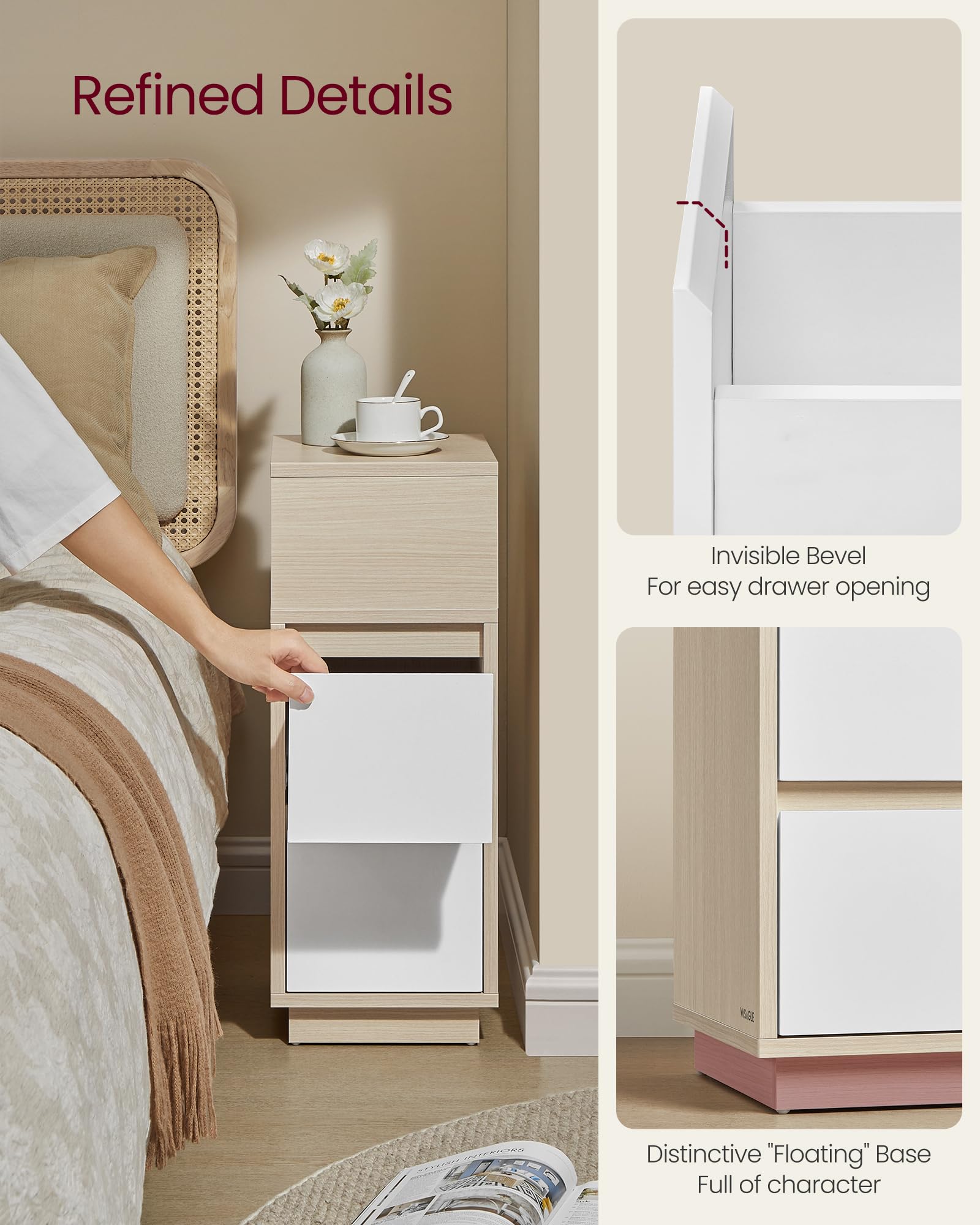 VASAGLE KAILYN Collection - Slim Bedside Table | Natural Beige + Cloud White | 30x25x65 cm 6