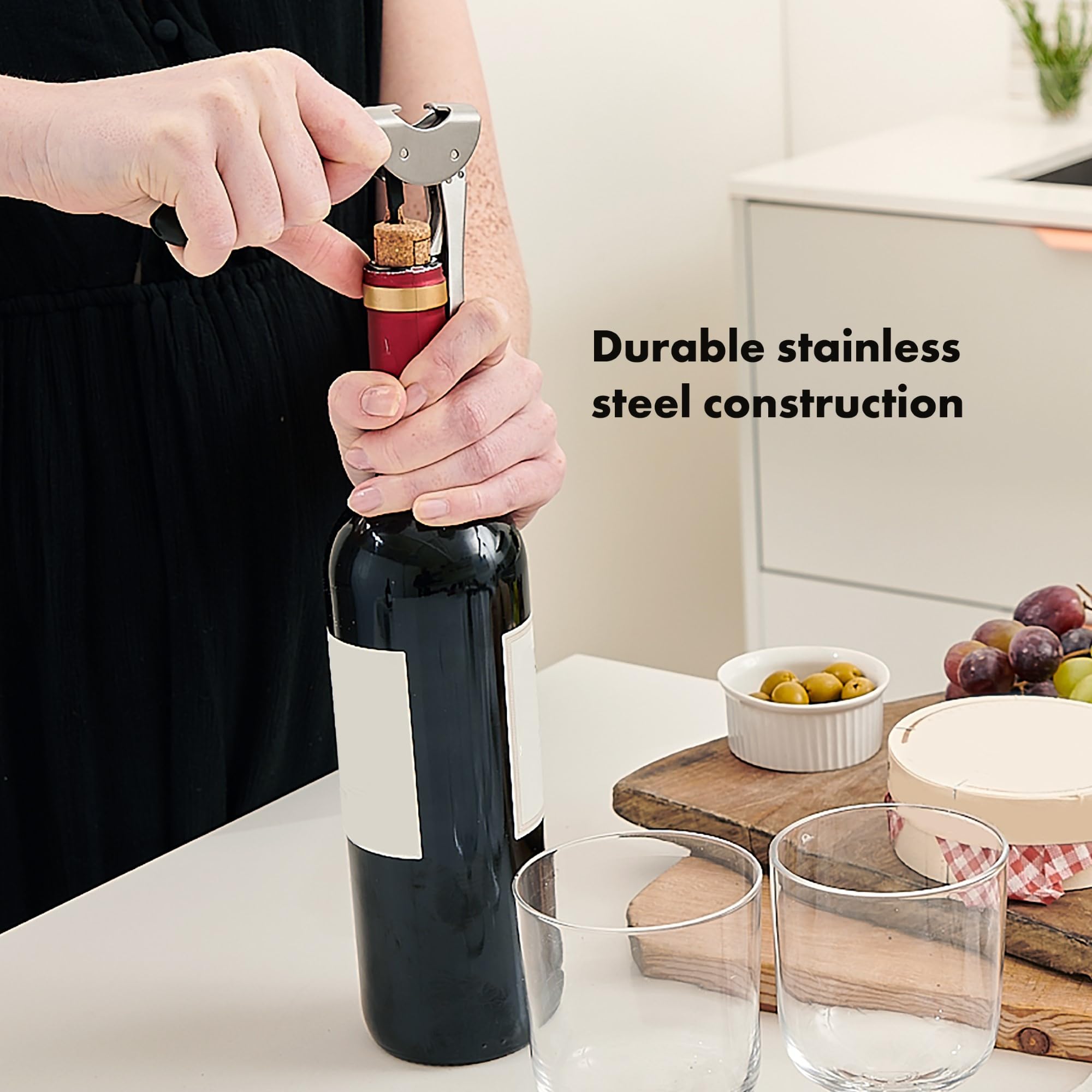 OXO Steel Double Lever Waiter's Corkscrew - Stainless Steel, Non-Stick Screw, Built-in Bottle Opener | Silver/Black 4