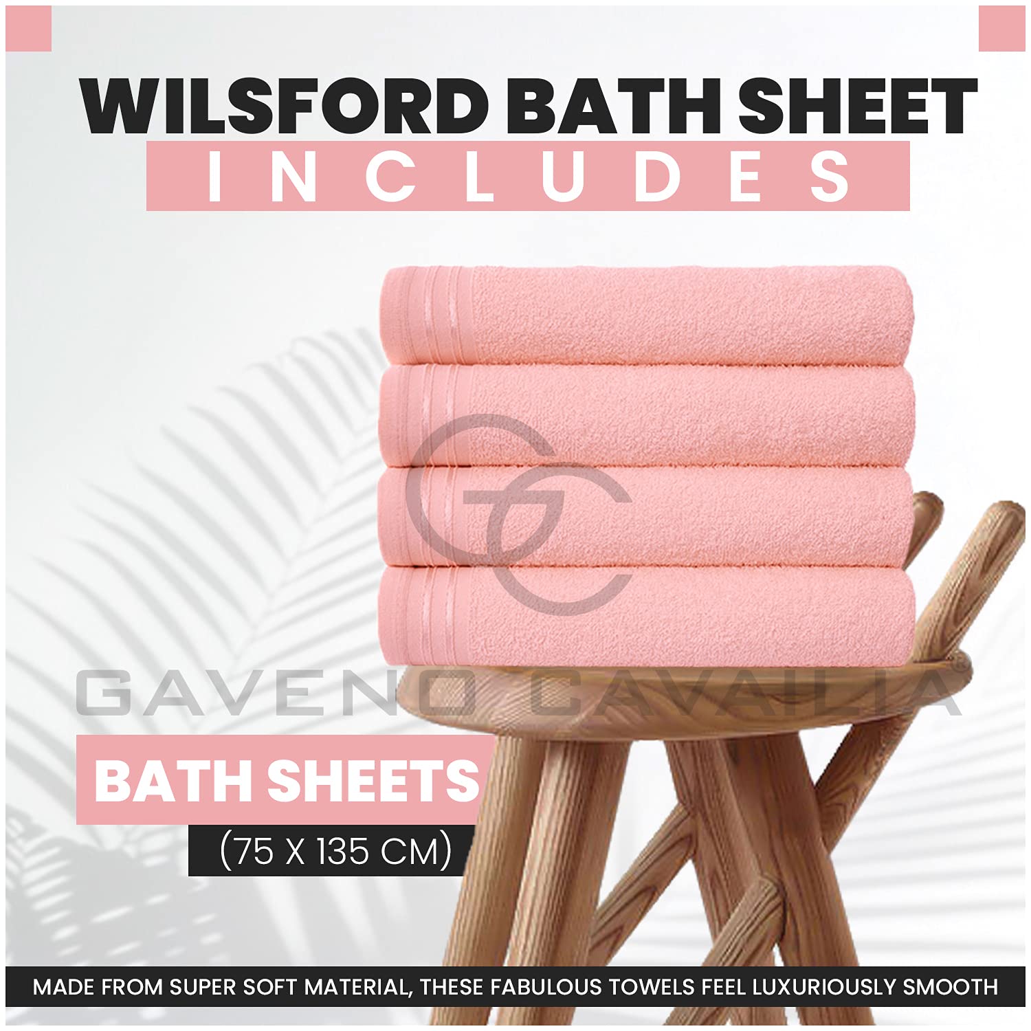 GC GAVENO CAVAILIA Wilsford Bath Sheets - 4 Pack Egyptian Cotton, 75x135 Cm, 450 GSM, Blush Pink 3