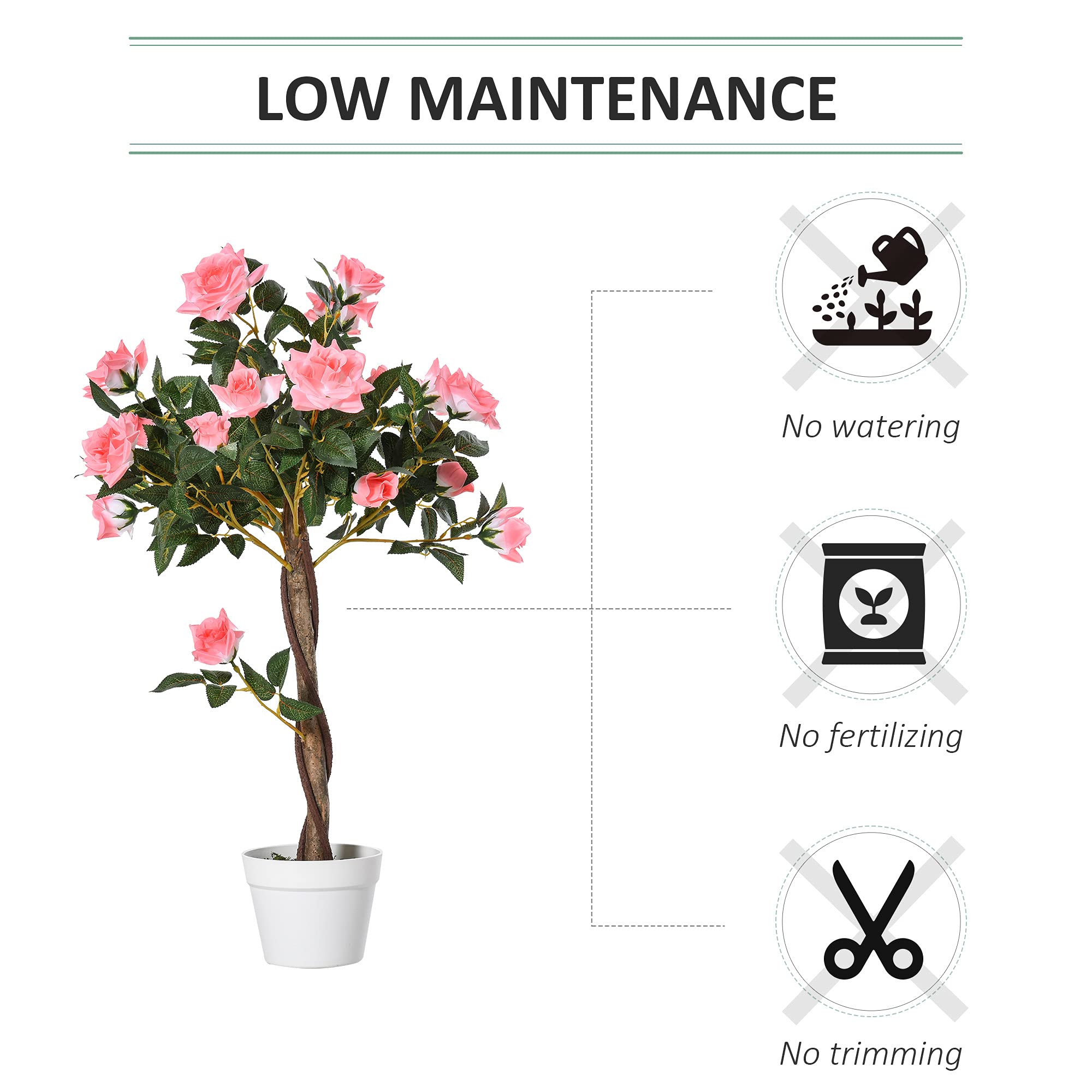 Outsunny 90cm Artificial Rose Tree | UV-Resistant Faux Plant with Pot for Indoor/Outdoor Decor 5