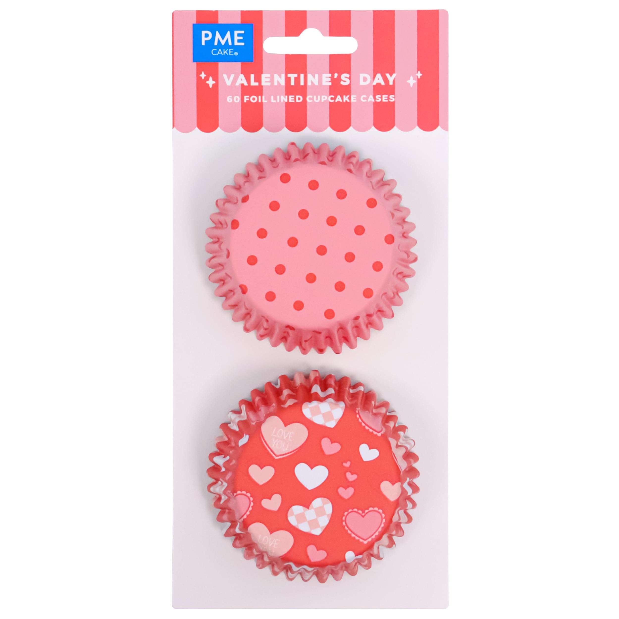 PME Valentines Foil-Lined Cupcake Cases - 60 Count | Pink & Red Heart Designs | 52x30mm 1