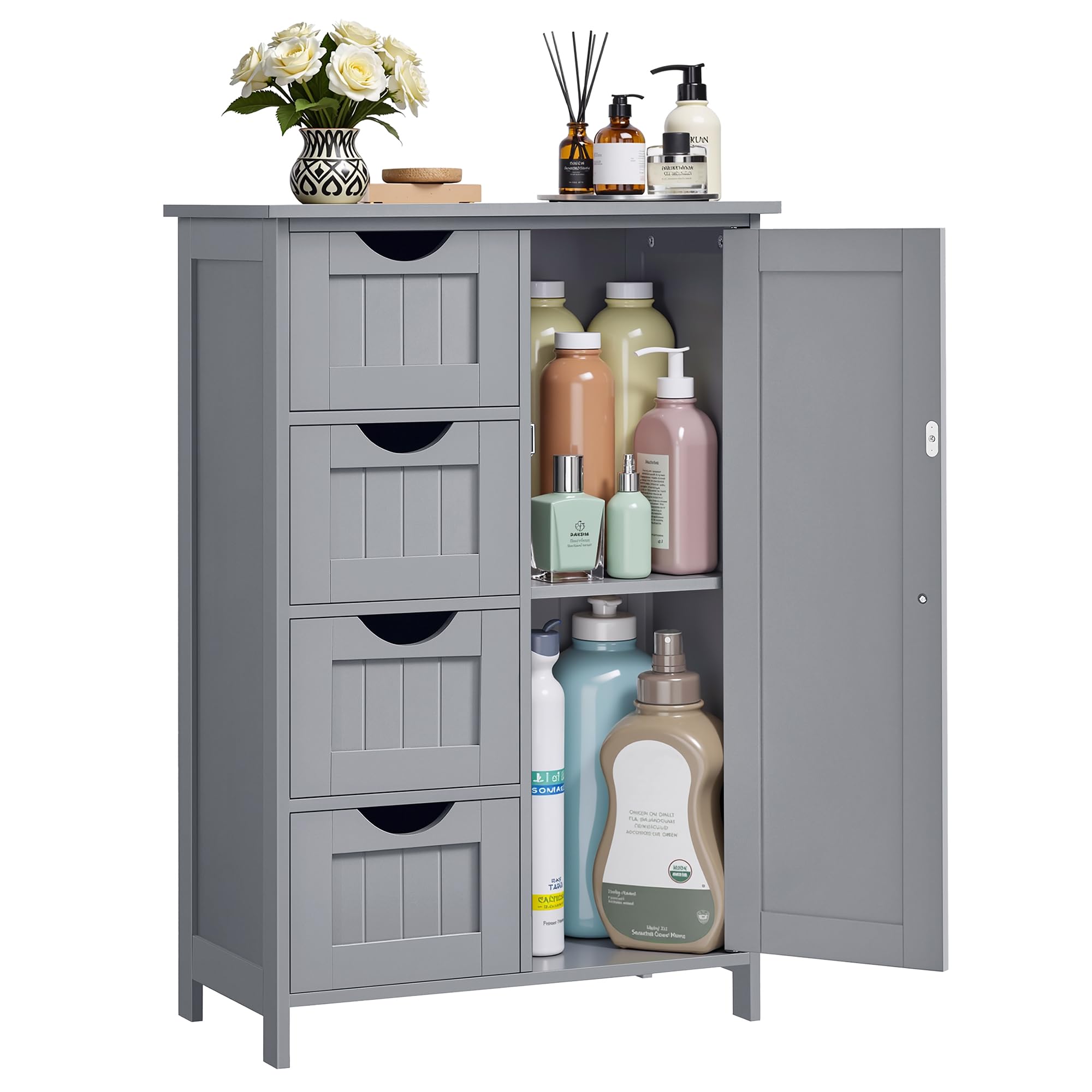 VASAGLE Bathroom Floor Storage Cabinet with 4 Drawers | Dove Grey | 30 x 55 x 82 cm 1