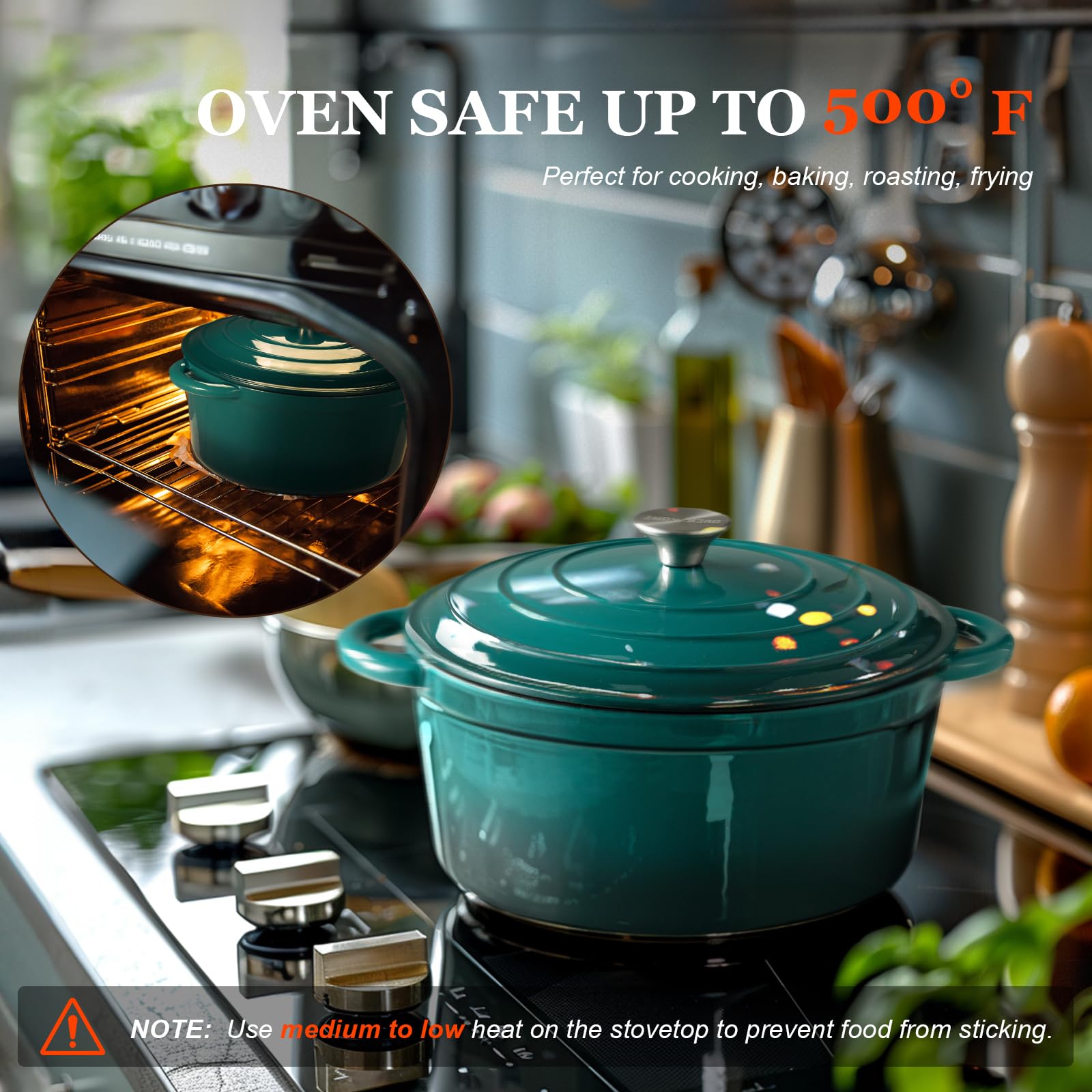 OVERMONT 28cm/6.6L Enamelled Cast Iron Dutch Oven - Bottle Green | 7 Quart Capacity 5