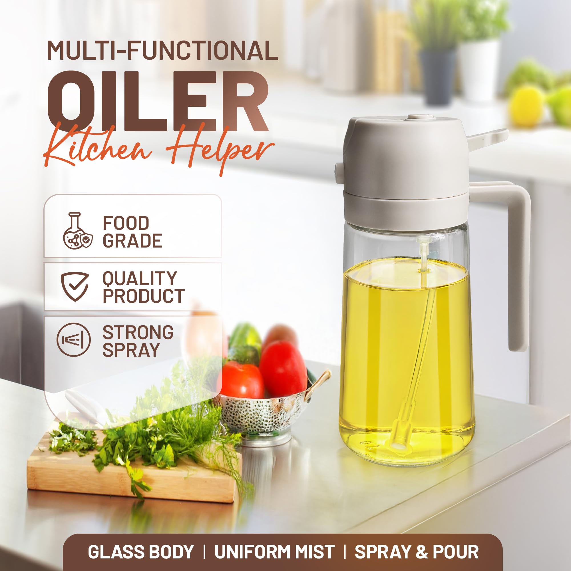 PORTENTUM 500ml Glass Oil Sprayer & Dispenser Bottle for Cooking, Grilling, Frying | 2 in 1 Function 5