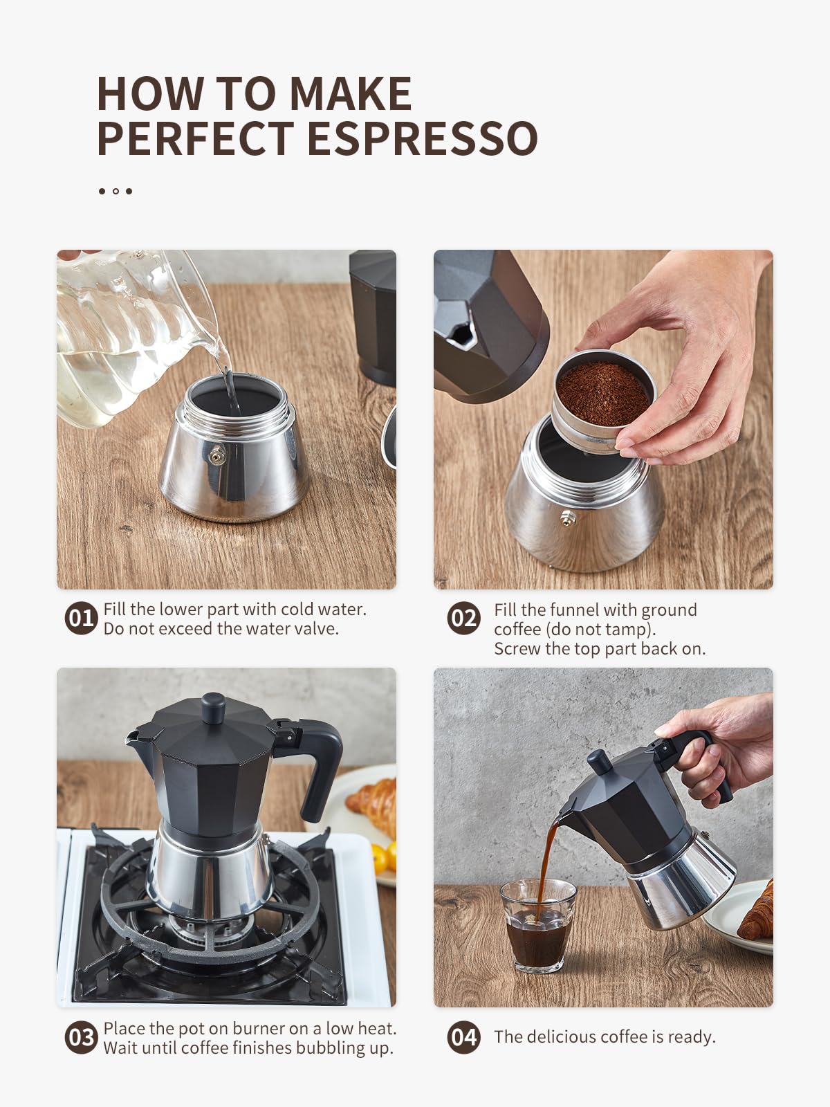 Yabano Stovetop Espresso Maker - 6 Cup Moka Pot for Rich Espresso | Durable Aluminium | Black+Silver 4