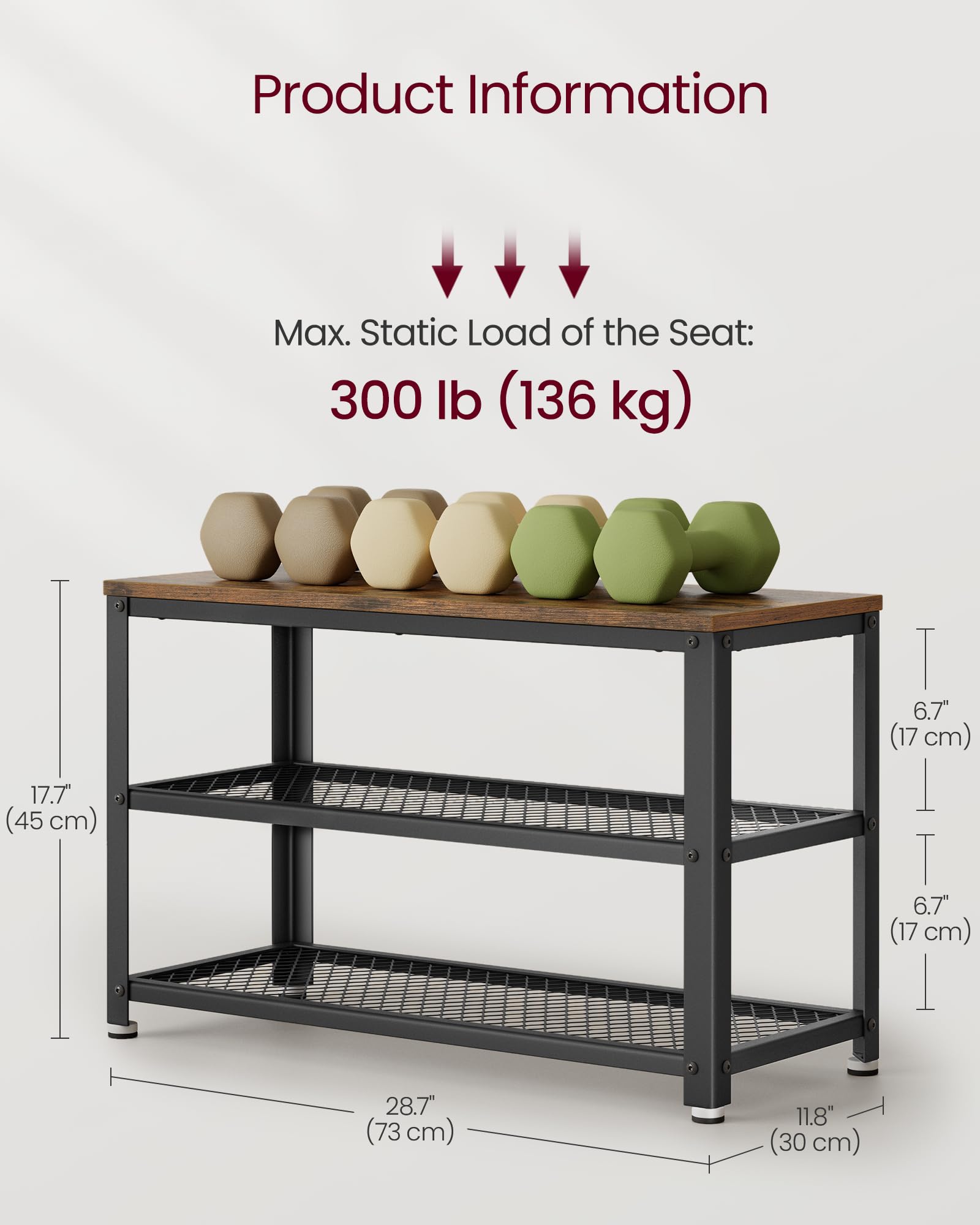 VASAGLE Shoe Storage Bench with 2 Shelves | Industrial Style | 73 cm Wide | Rustic Brown & Black 3