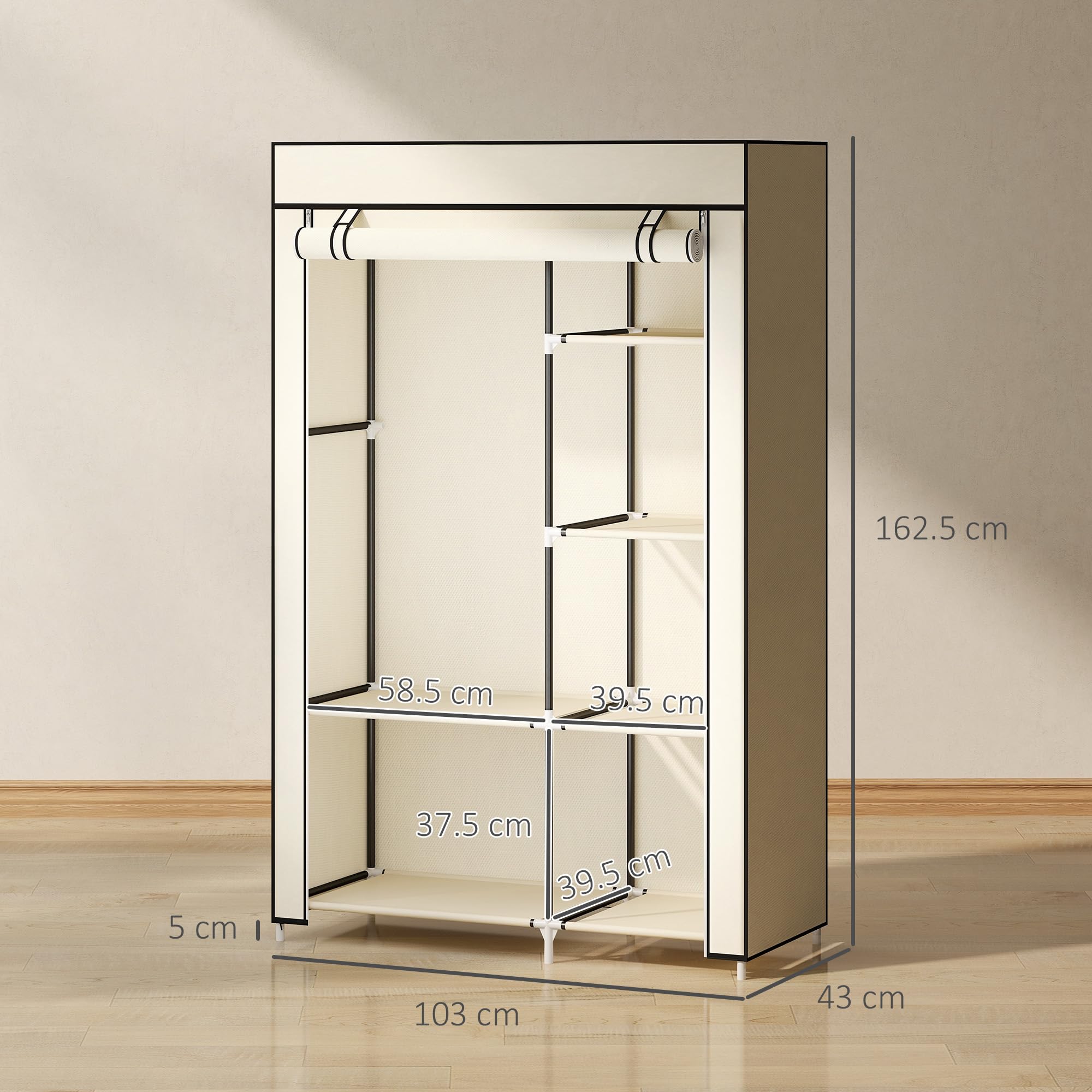 HOMCOM Portable Fabric Wardrobe - 6 Shelves, Hanging Rail | Cream White | 103W x 43D x 162.5H cm 7