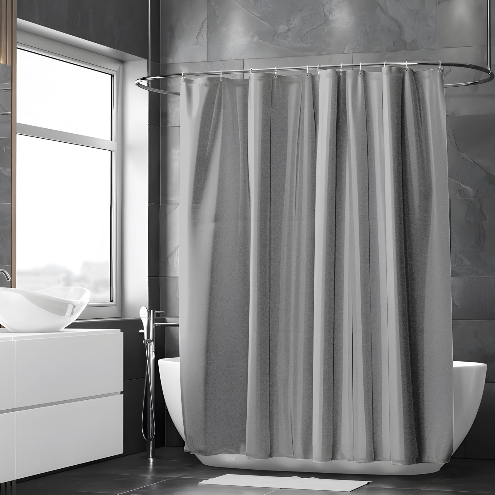 Vinabo Grey PEVA Shower Curtain - 180 x 200 cm Waterproof & Quick Drying | Includes 12 Hooks 2