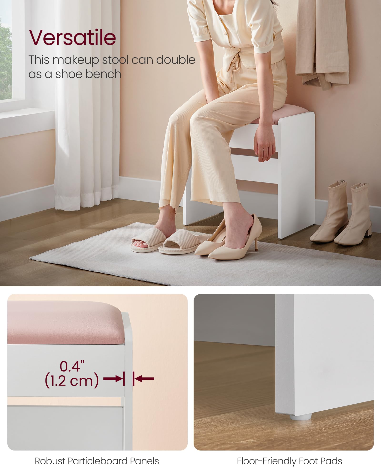 VASAGLE Upholstered Makeup Stool - Velvet Seat, Sturdy Particleboard Frame | Matte White + Jelly Pink 4