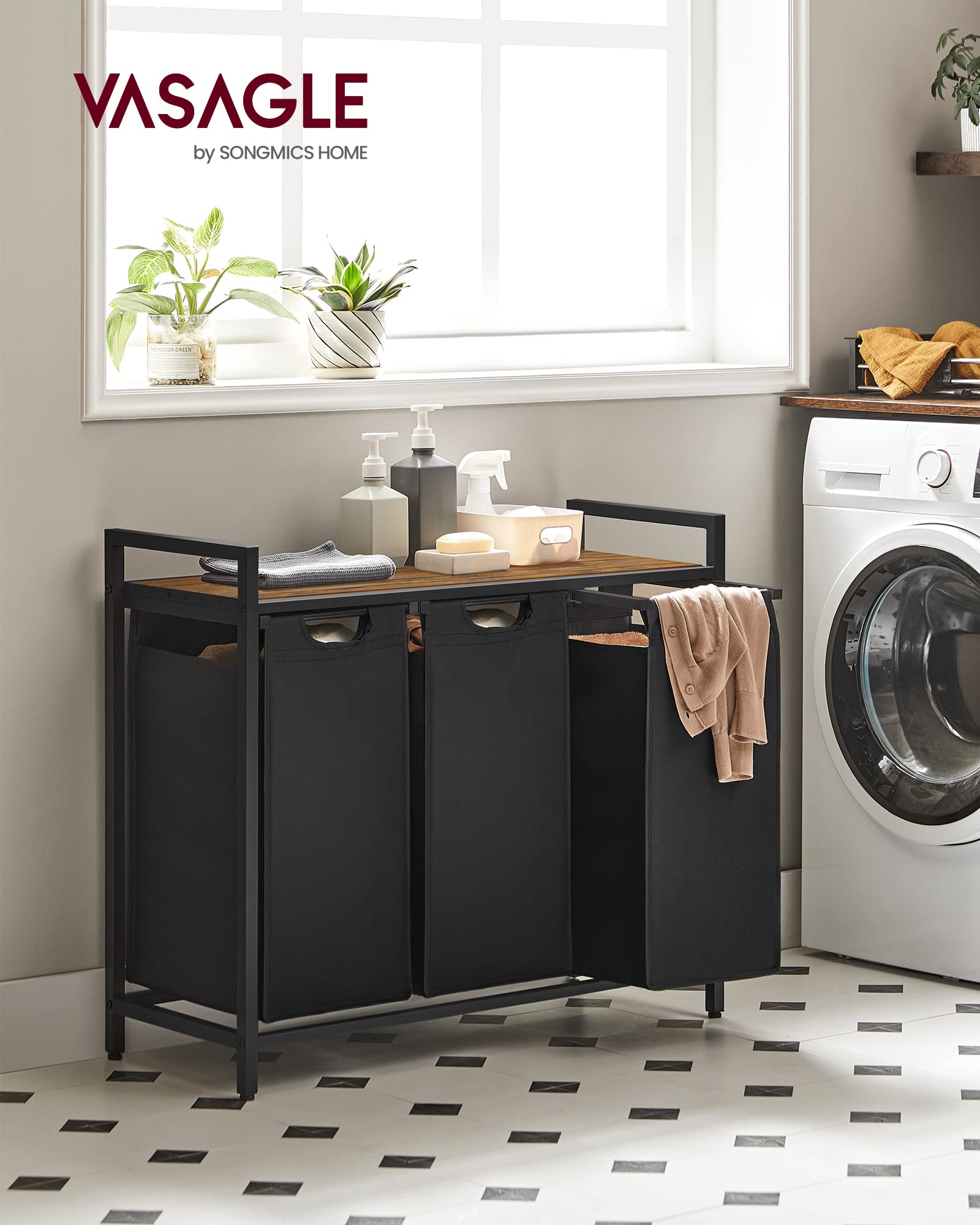 VASAGLE 3-Compartment Laundry Hamper with Pull-Out Liners | 120 L Capacity | Rustic Brown + Black