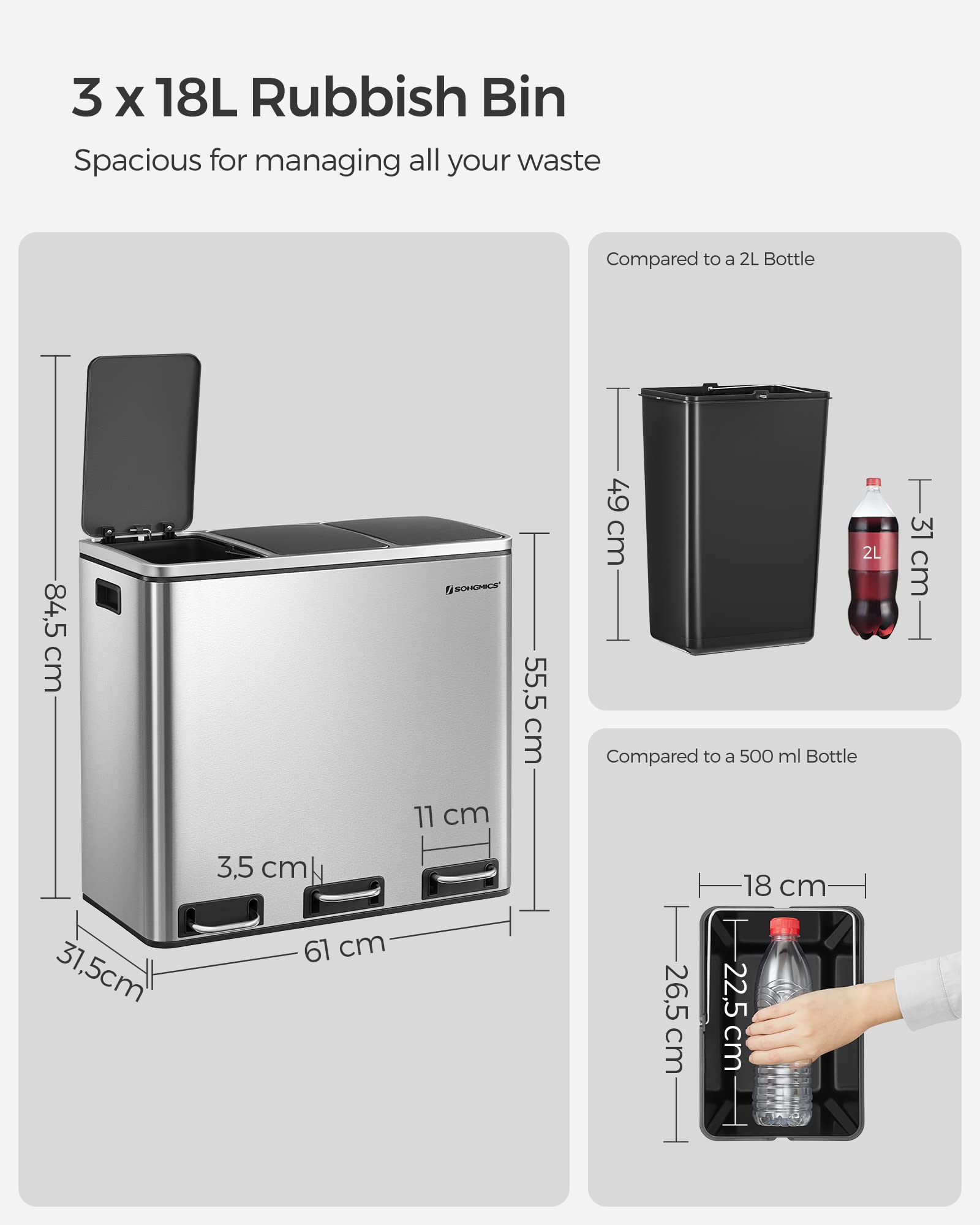 SONGMICS Kitchen Recycling Bin - 3 Compartments (3 x 18L) | Soft-Close Lids | Steel Metallic Silver LTB54NL 7