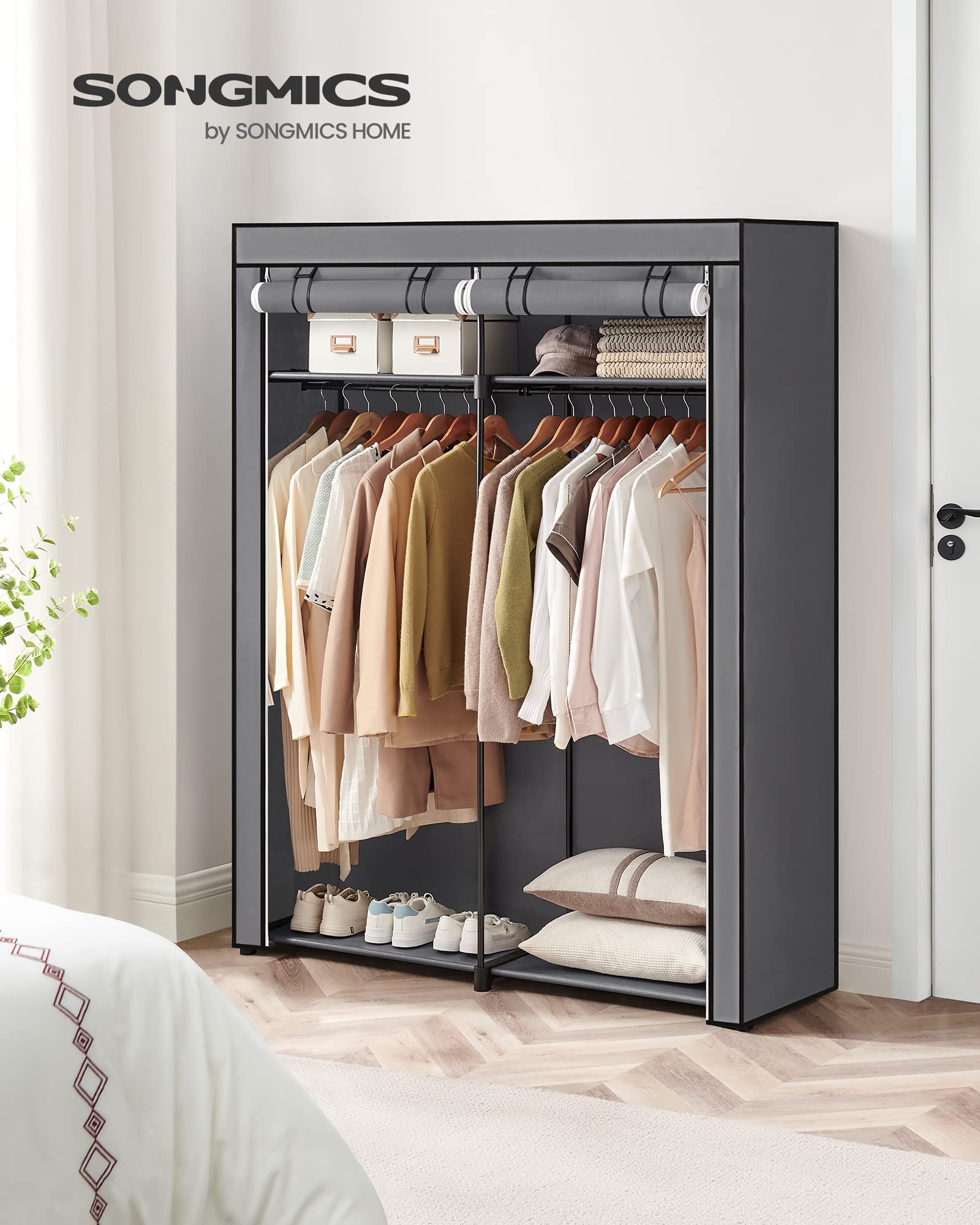 SONGMICS Portable Foldable Closet Wardrobe with 2 Hanging Rails | Grey | 140x43x174cm 2