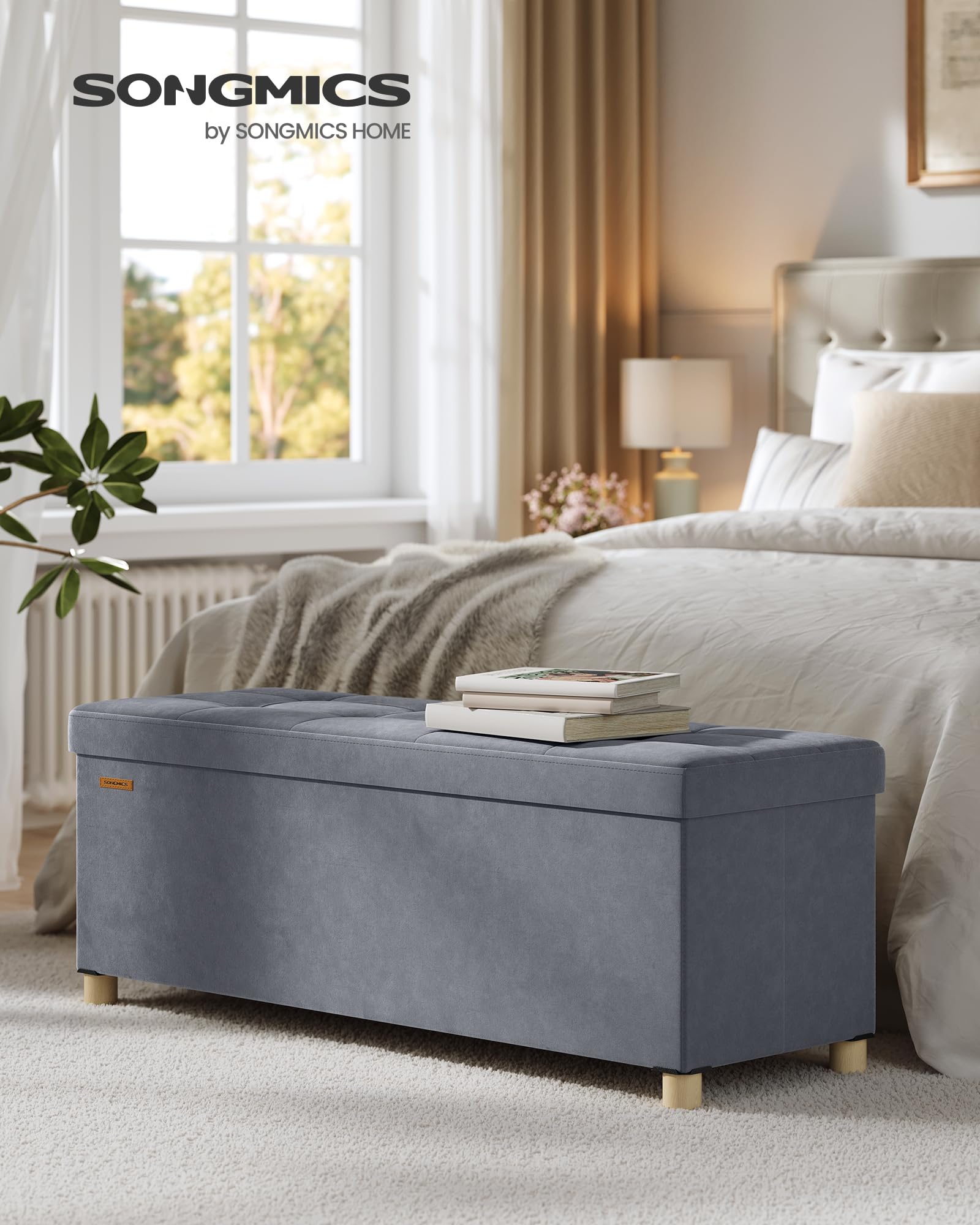 SONGMICS Storage Ottoman - 110cm Wide Bench | 112L Capacity | Slate Grey Velvet 2