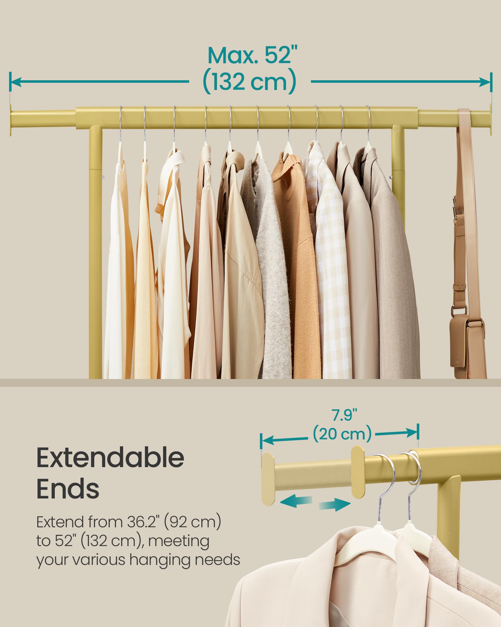 SONGMICS Heavy Duty Clothes Rack on Wheels | 100 kg Capacity | Extendable Rail (92-132 cm) | Pale Gold 5