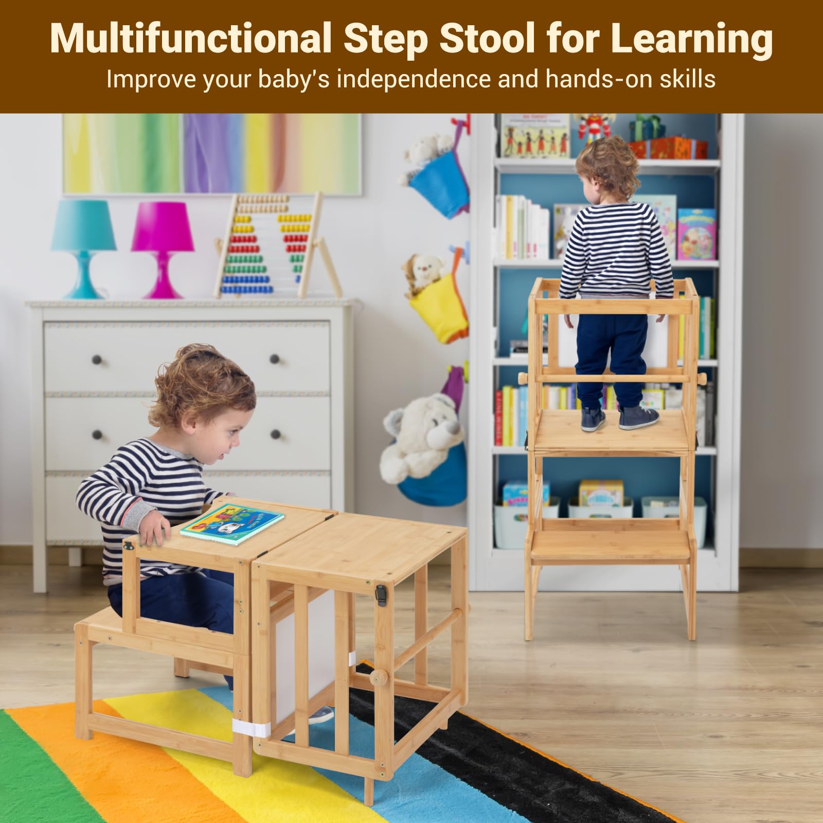COSYLAND 3-in-1 Toddler Kitchen Stool Helper - Convertible Standing Tower | Bamboo | Supports 150 lbs 6