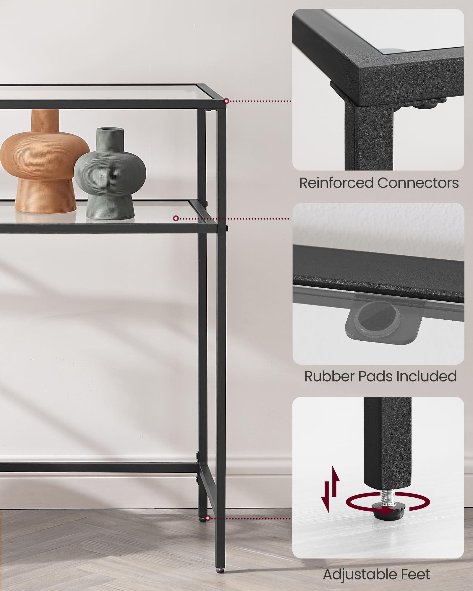 VASAGLE Console Table - Tempered Glass Top | Black Steel Frame | 100 x 35 x 80 cm 9