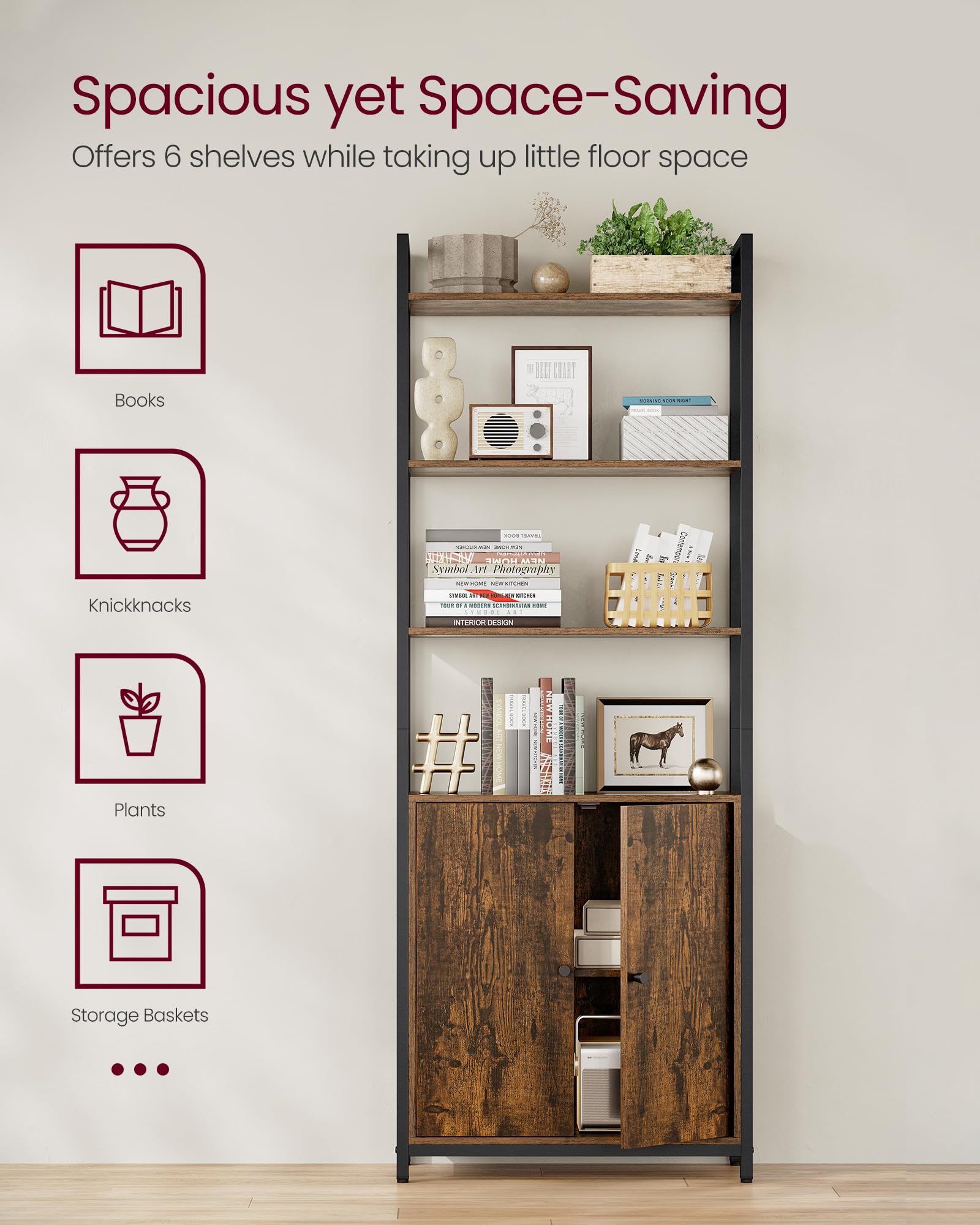 VASAGLE 6-Tier Bookcase - Metal Frame, Rustic Brown & Ink Black | 159.5cm Tall 5