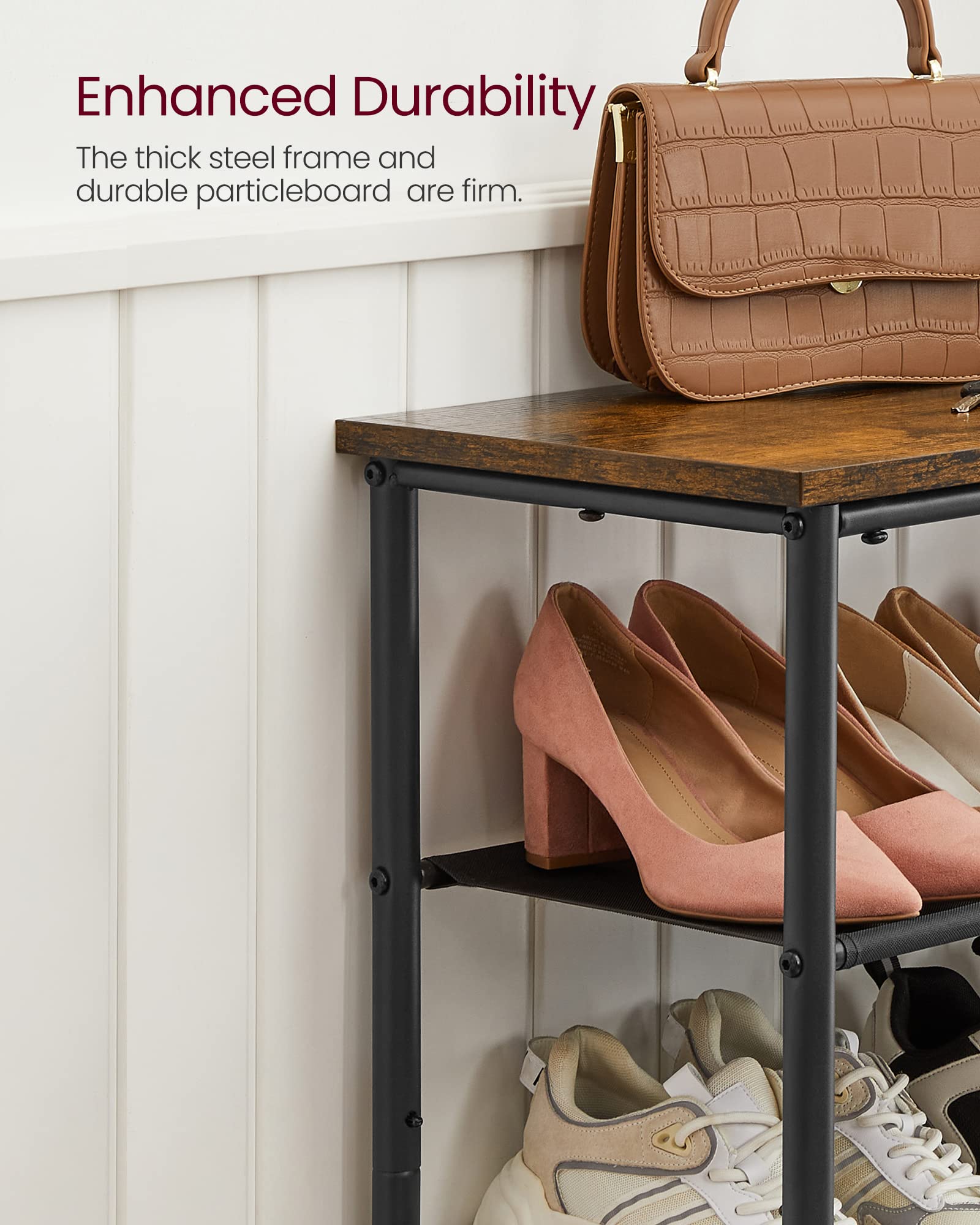 VASAGLE 5 Tier Shoe Rack - Narrow Storage Organiser for Hallway, Rustic Brown+Black 8