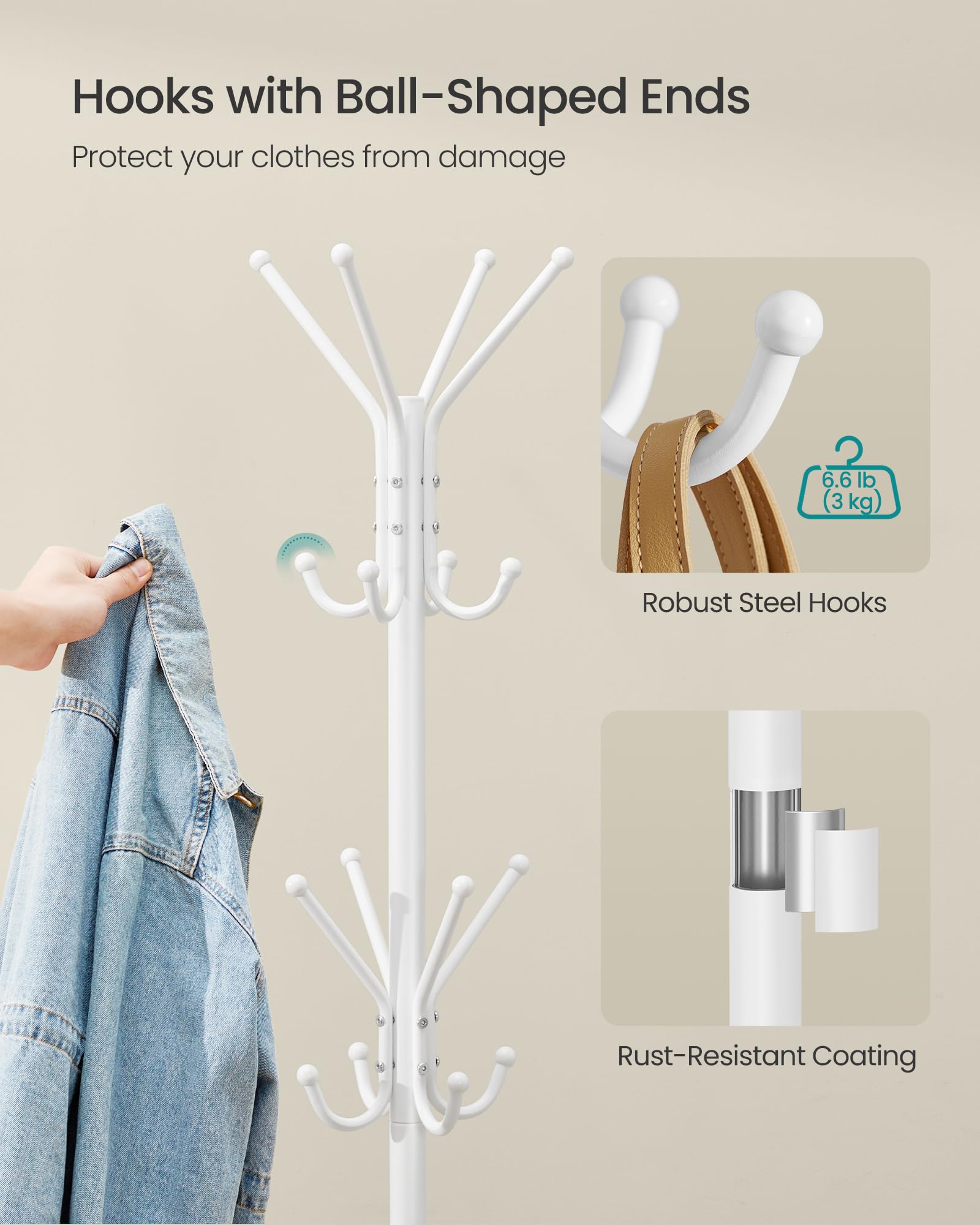 SONGMICS Freestanding Metal Coat Rack - 16 Hooks, Cloud White | 48x43x175 cm 4