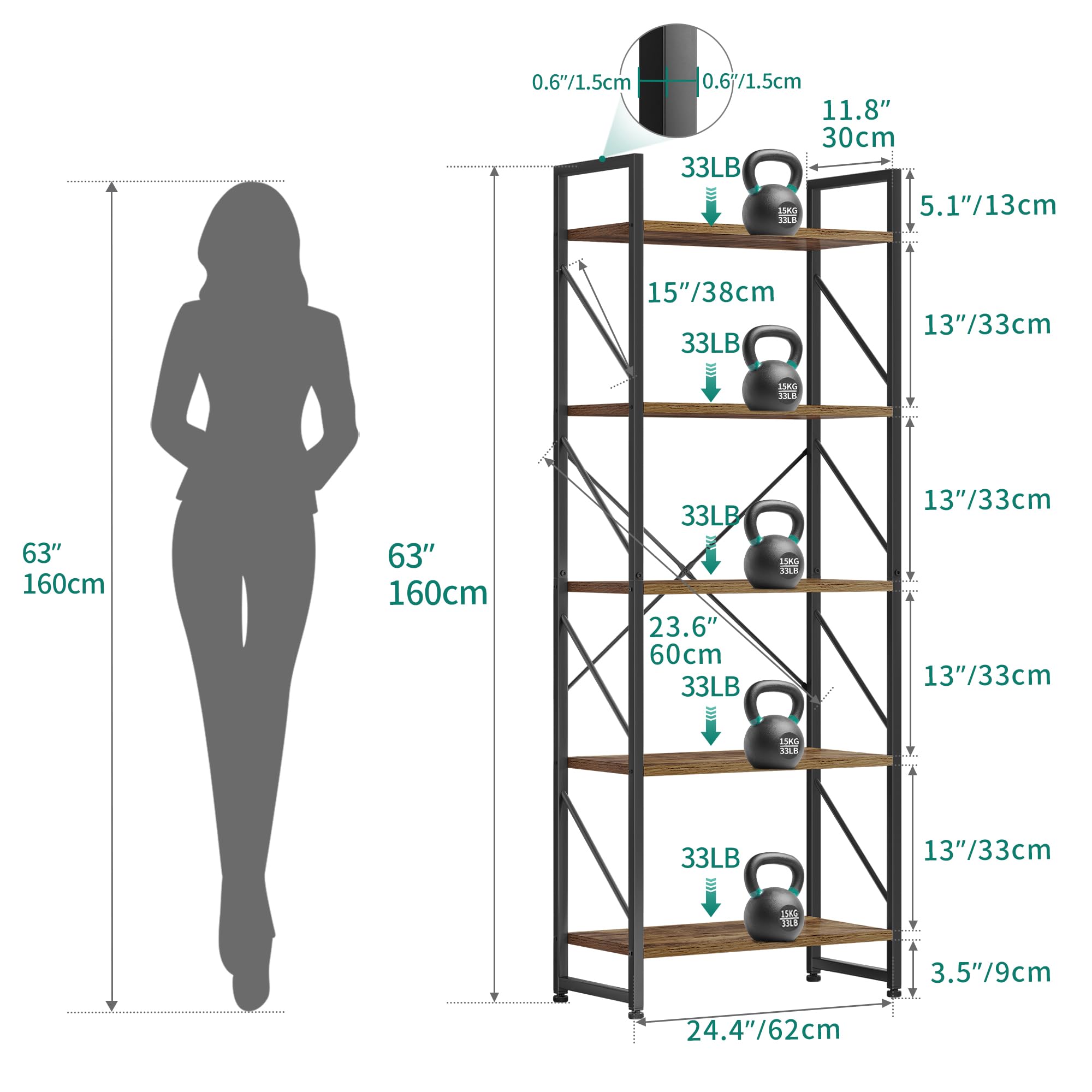 YITAHOME 5-Tier Bookcase - Rustic Brown | Modern Industrial Design | Space Saving | 60W x 158H cm 2