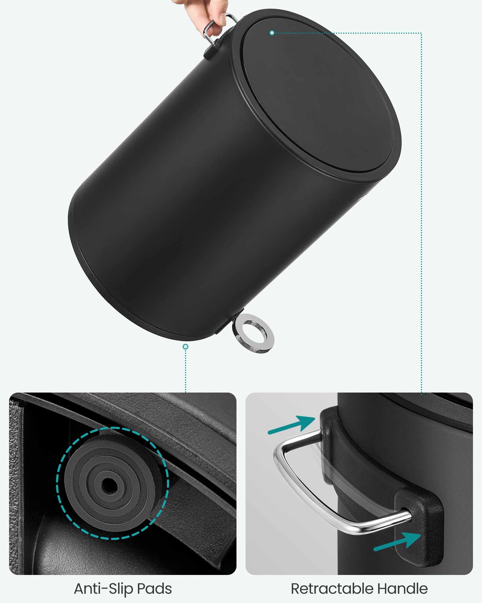 SONGMICS Bathroom Bin with Lid - 6 L Capacity | Soft-Close | Foot Pedal Operated | Ink Black Steel 9