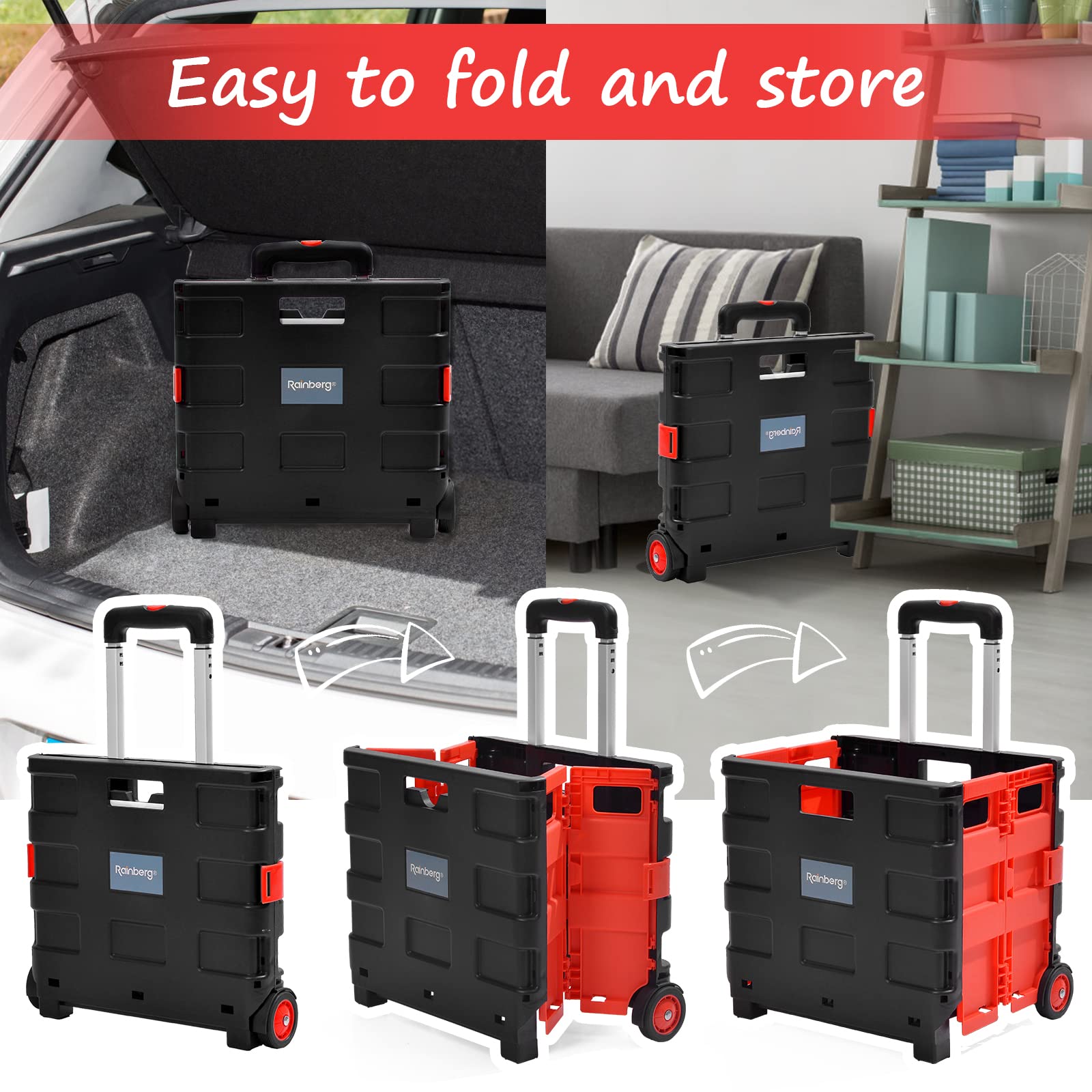 Rainberg Heavy Duty Folding Trolley Box Cart - 35kg Capacity | Black & Red | Folds Flat 3
