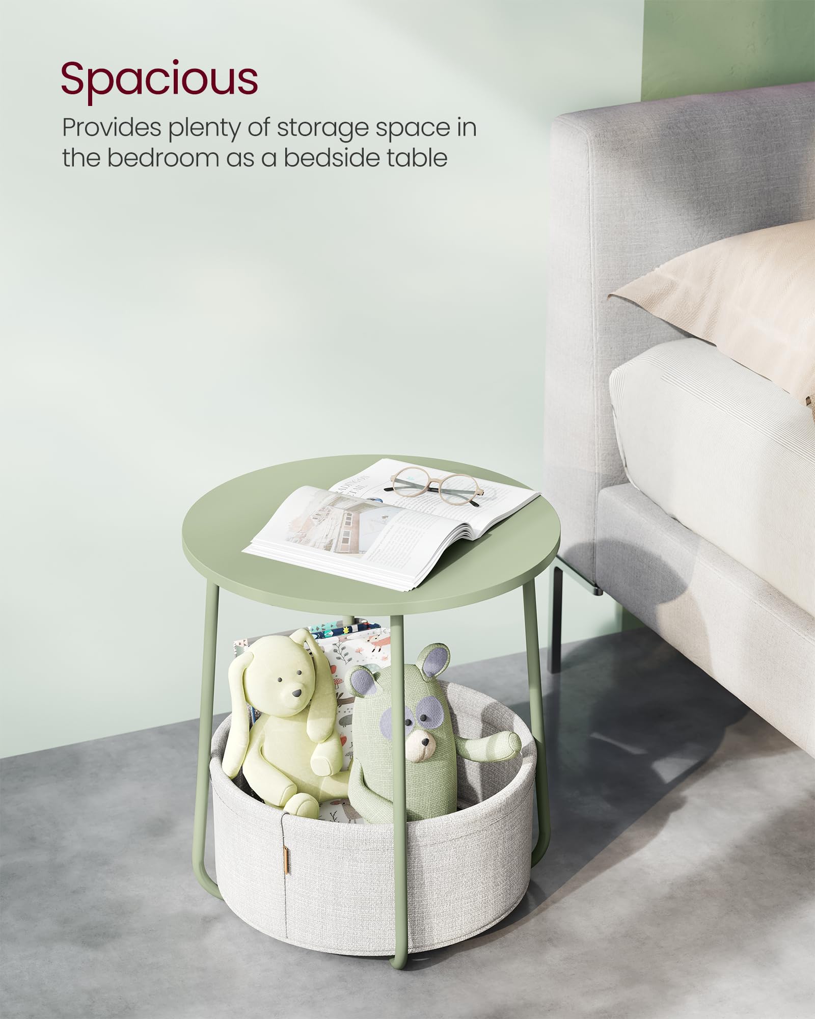 VASAGLE Round End Table with Fabric Basket | 45 x 50 cm | Laurel Green & Cream White 4