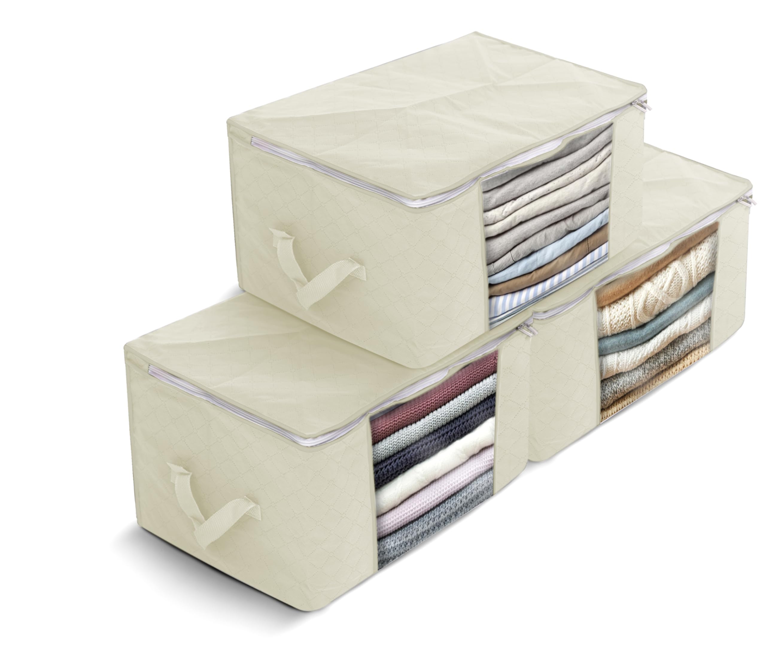 delka 90L Under-Bed Storage Bags with Lids, Beige Fabric, 3 Items | Foldable & Transparent 1