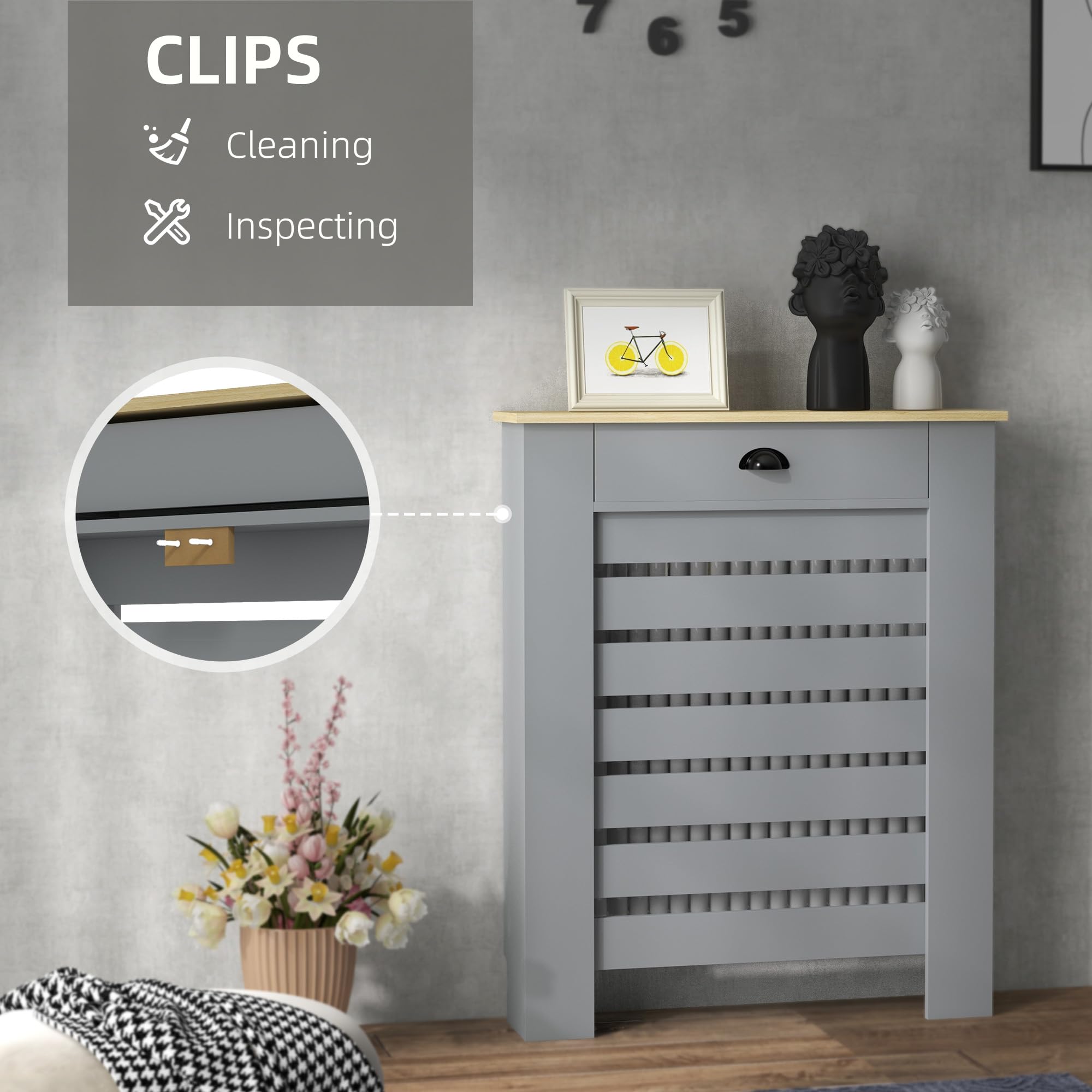 HOMCOM Radiator Cover with Drawer - Horizontal Slatted Grill, Grey Painted M | 78W x 95.5H cm 5