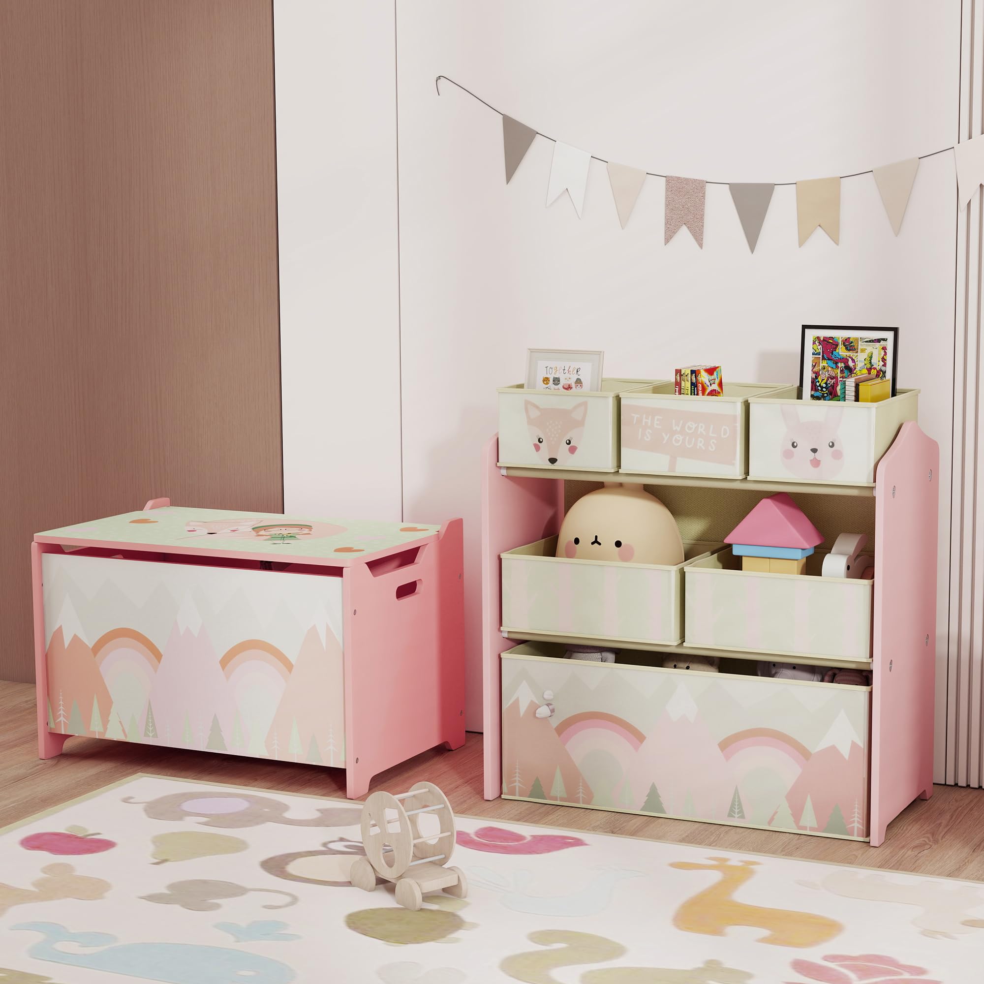 ZONEKIZ Kids Toy Storage Unit Organizer with 6 Detachable Fabric Bins | Pink | 63 x 30 x 66 cm 8