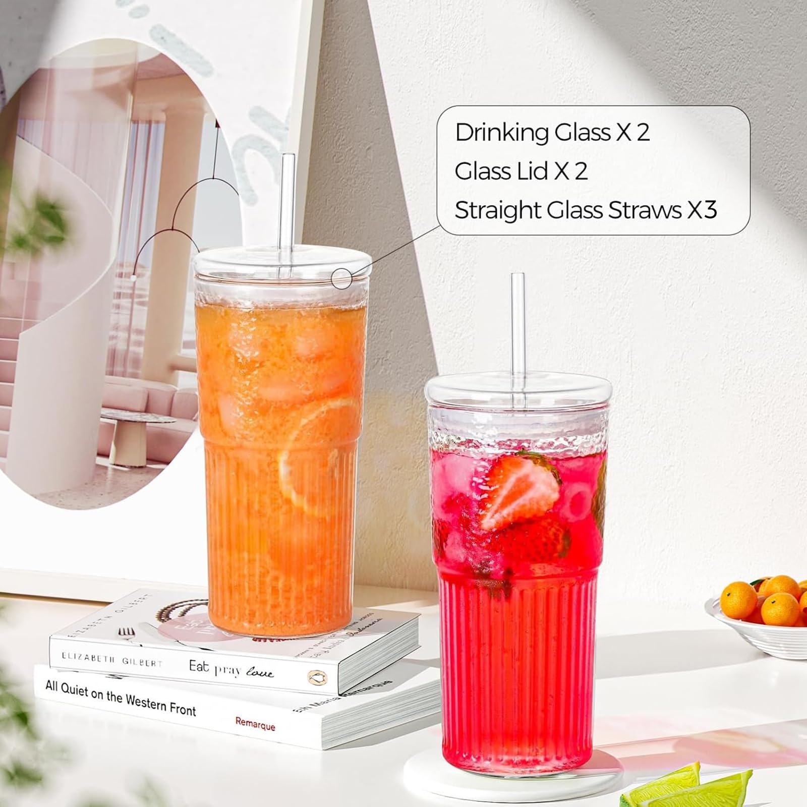 Woobroo 2 Pack 20oz/600ml Iced Coffee Glasses with Lids and Straws | Dual Textured Design 5