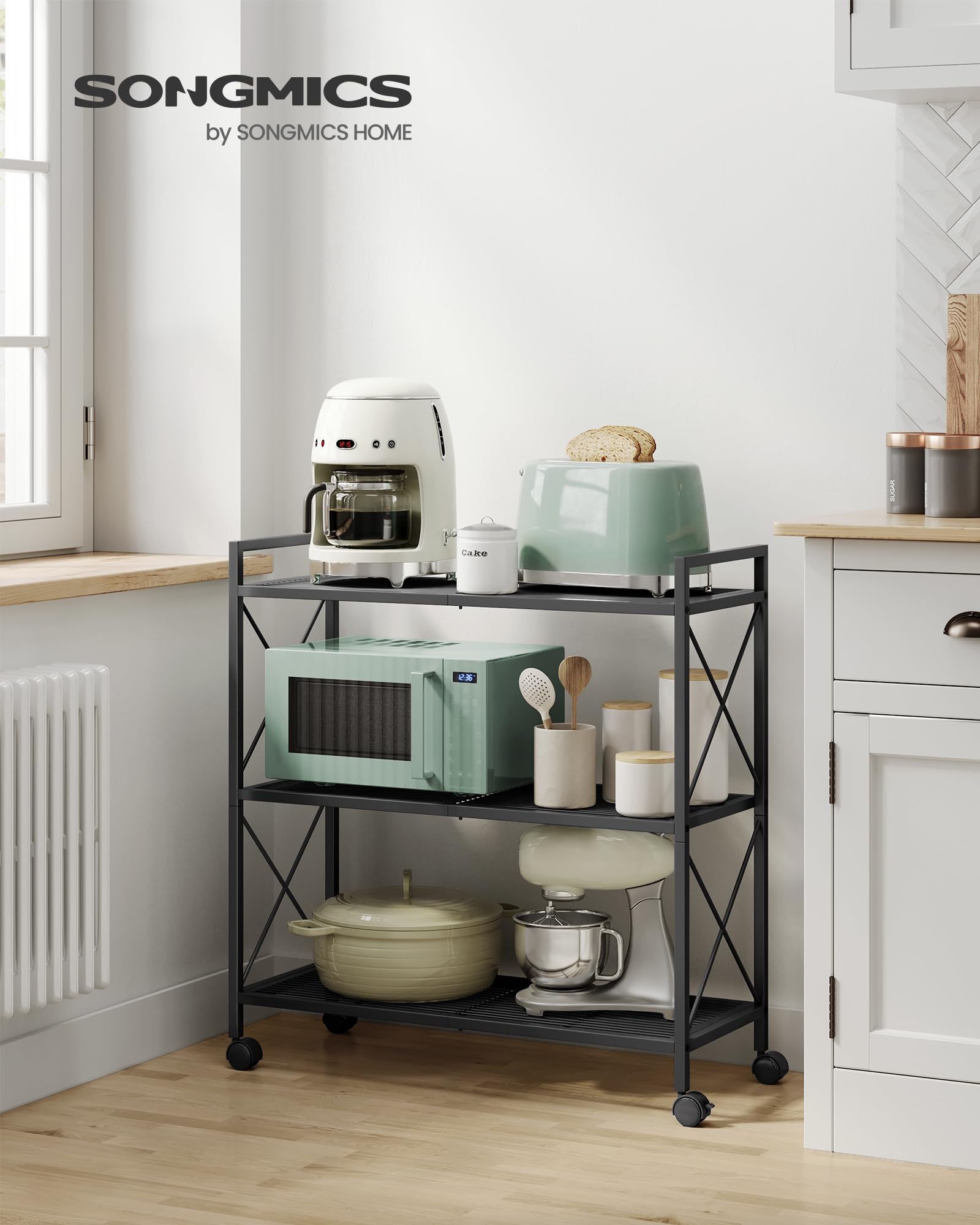 SONGMICS 3-Tier Metal Shelving Unit on Wheels | Heavy Duty | Adjustable Feet | Ink Black 3