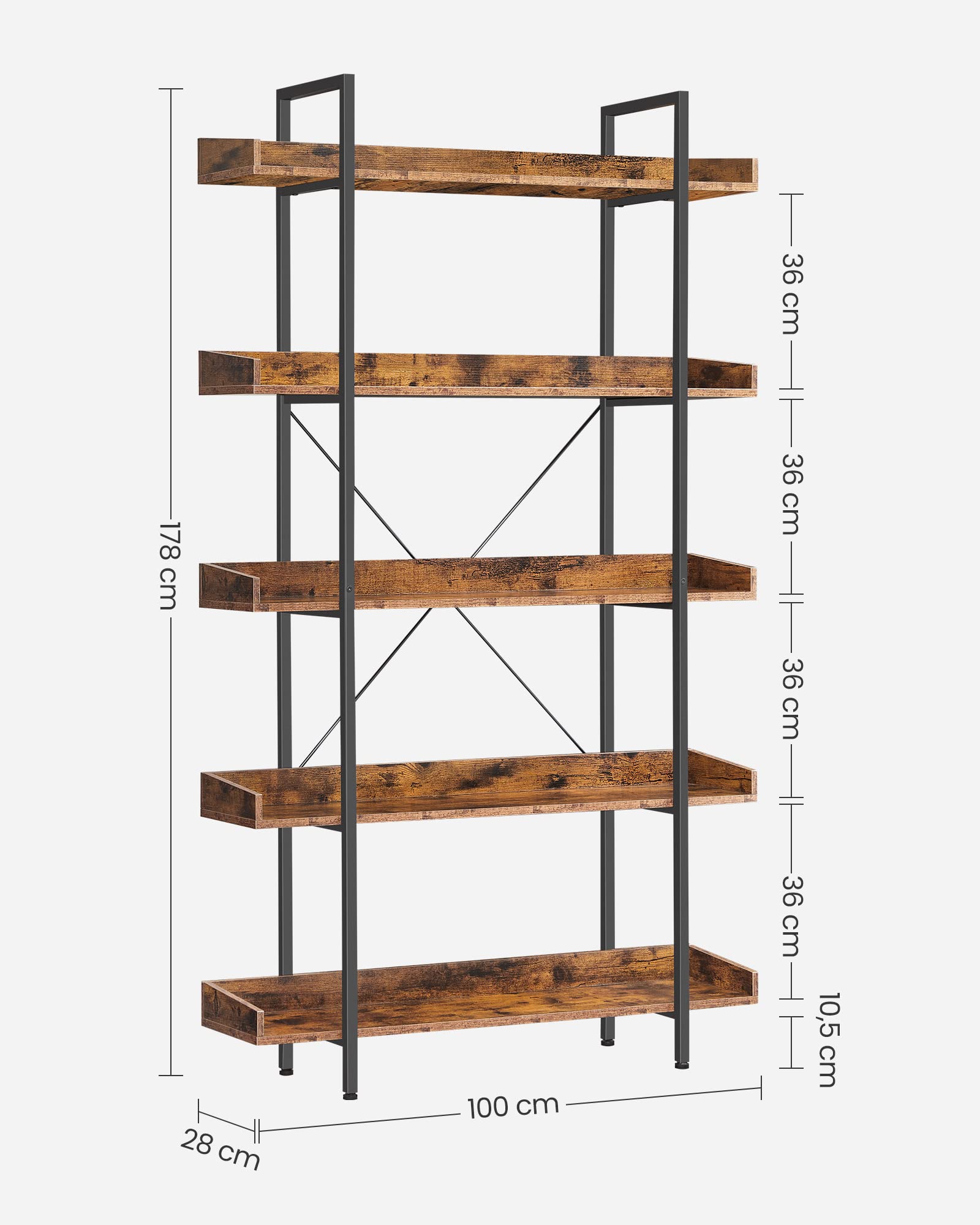 VASAGLE Industrial Bookcase - 5-Tier Shelving Unit | Rustic Brown & Black | 100 x 28 x 178 cm 3