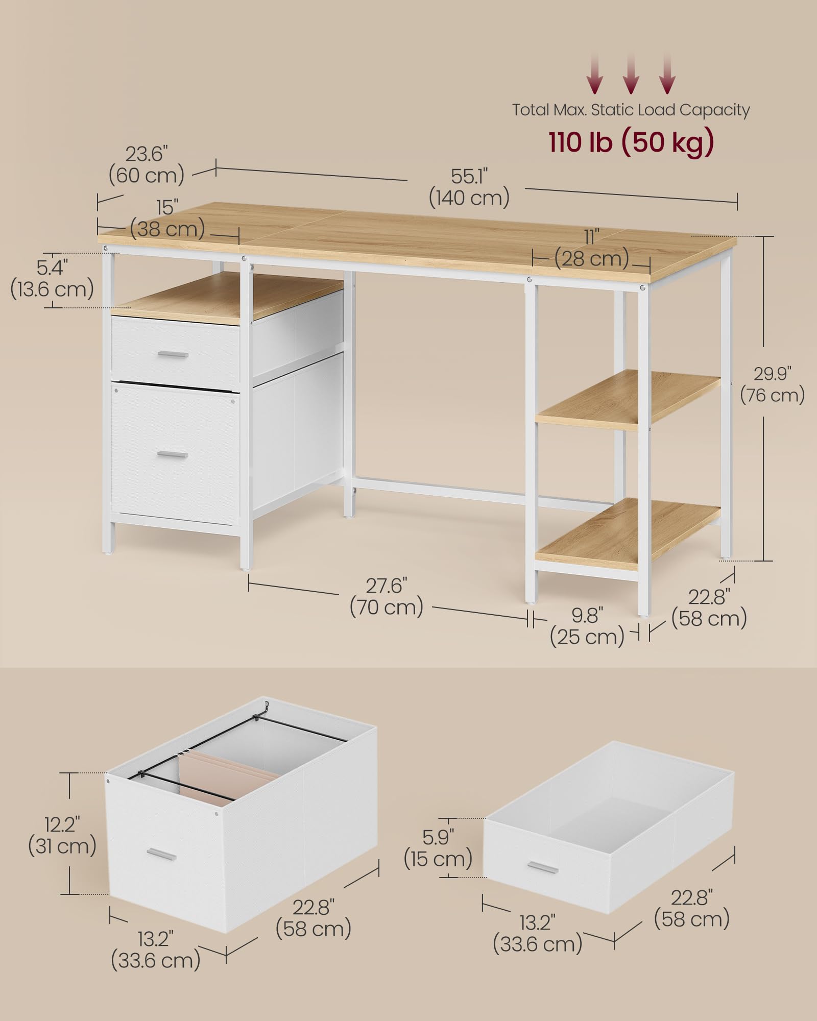 VASAGLE Computer Desk with 3 Shelves & 2 Drawers | 140 x 60 cm | Natural Oak + Pearl White 3
