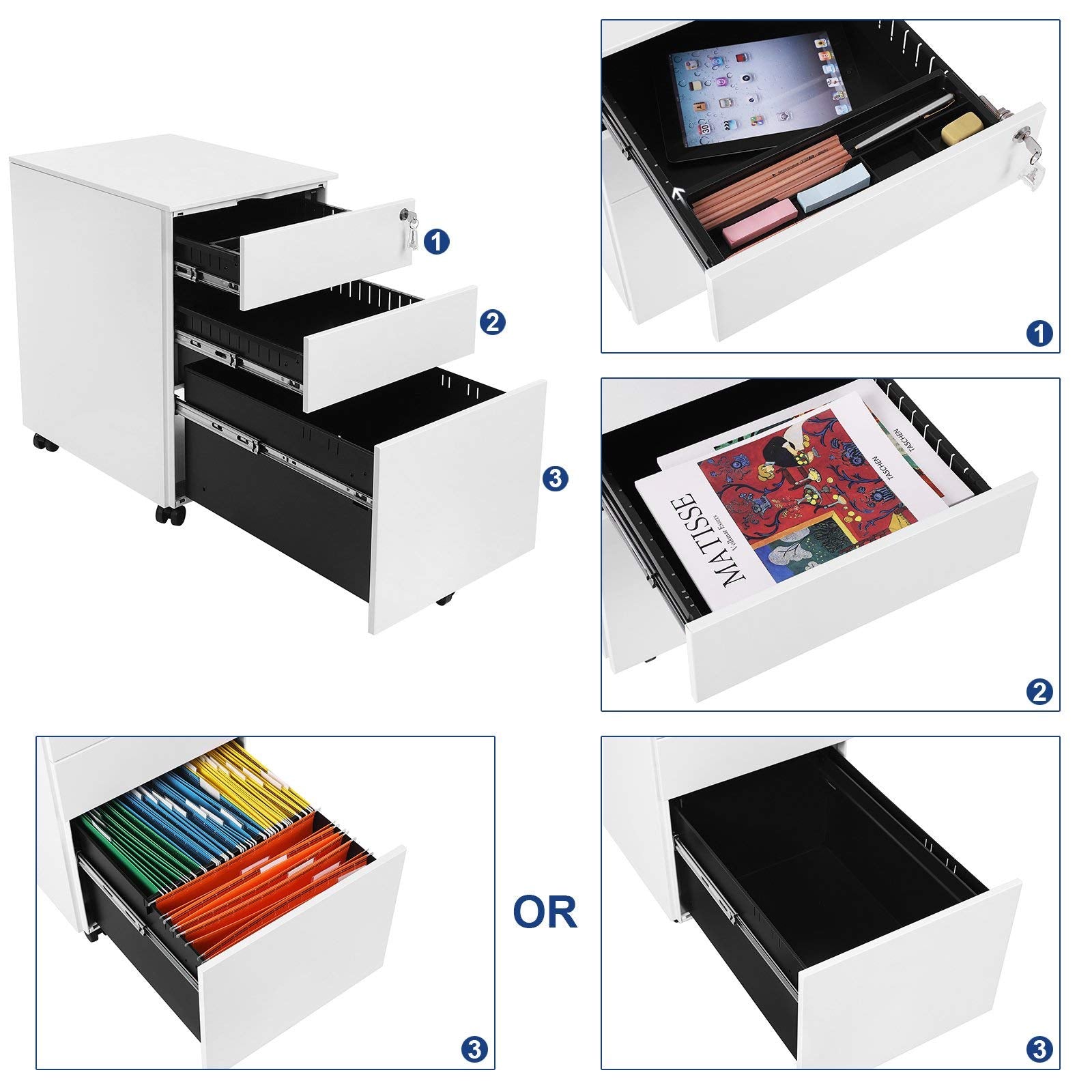 SONGMICS Mobile File Cabinet - 3 Drawers Lockable Steel Pedestal | White | 39x52x60cm 7