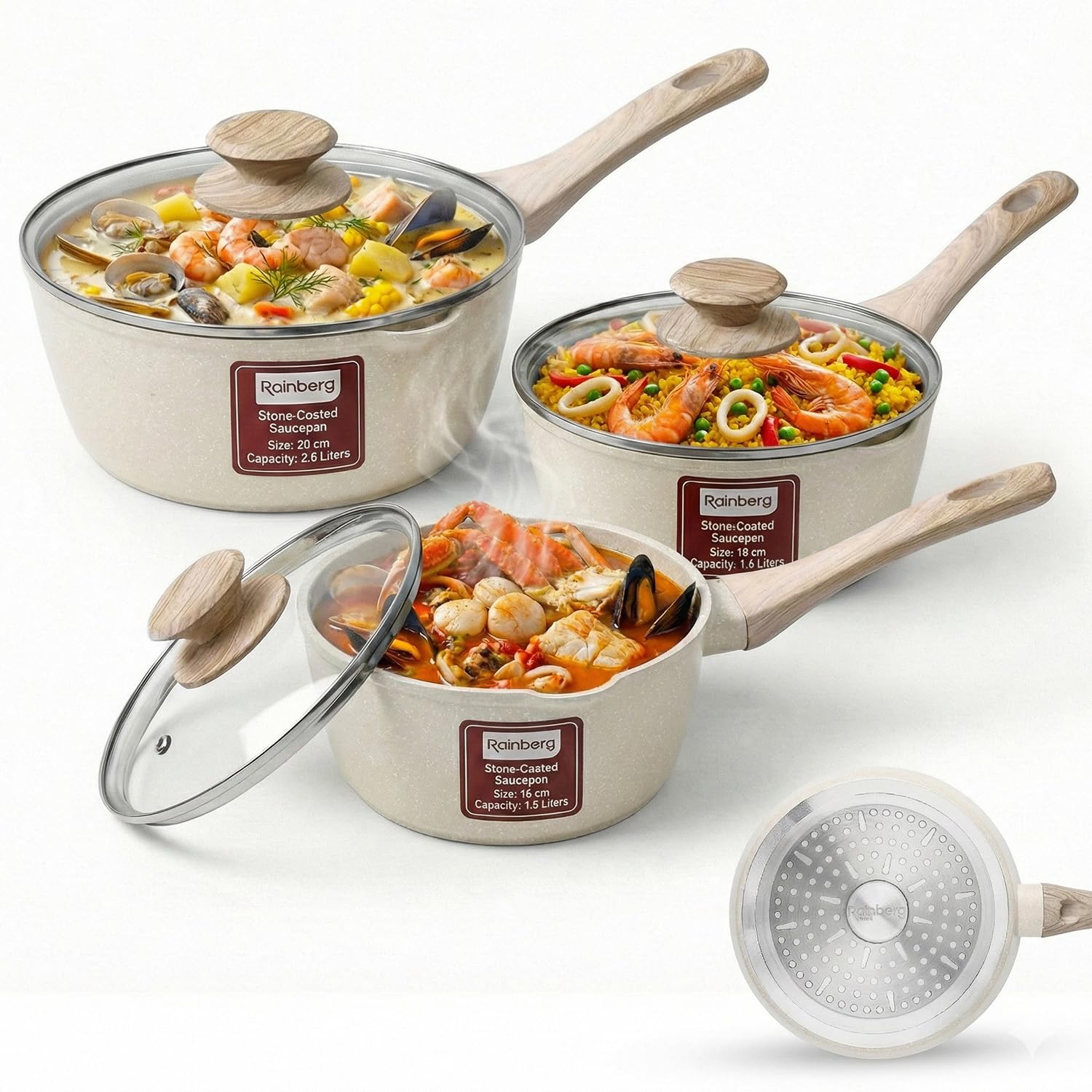 Rainberg Nonstick Granite Saucepan Set with Lid, 3-Piece (16, 18, & 20cm) | Induction Compatible | Beige 1