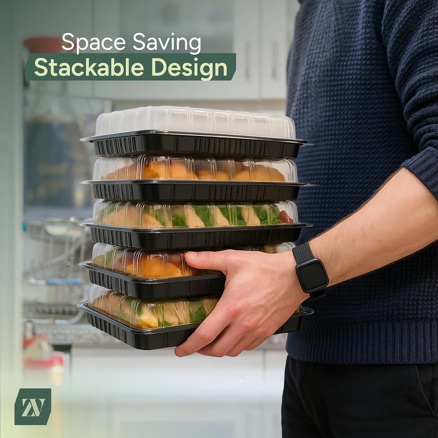 Zuvo Reusable Party Food & Sandwich Platter Trays with Lids, 5 Pack, Black Plastic 3