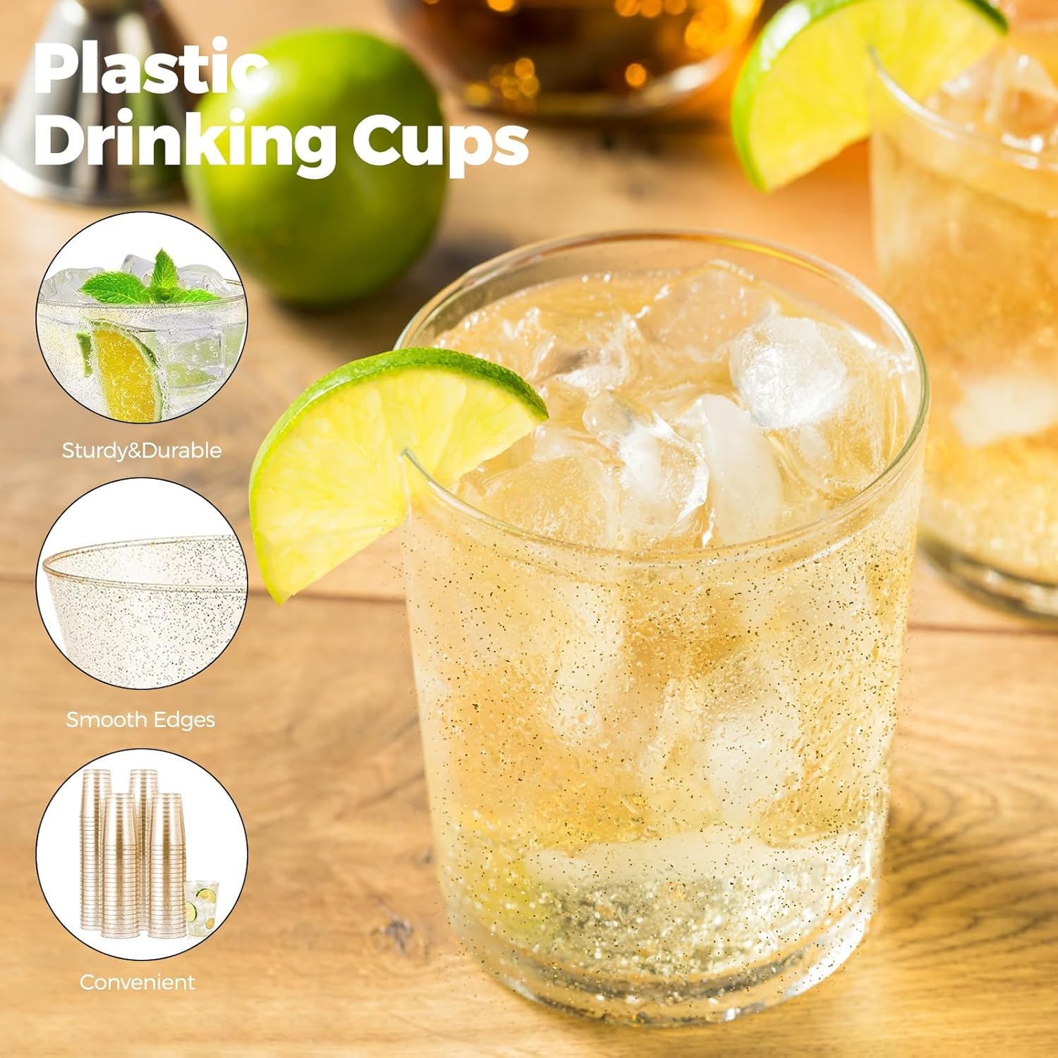 Woobroo 50 Pack Plastic Cups - 10oz (285ml) Gold Glitter Party Cups | Durable Polystyrene 3