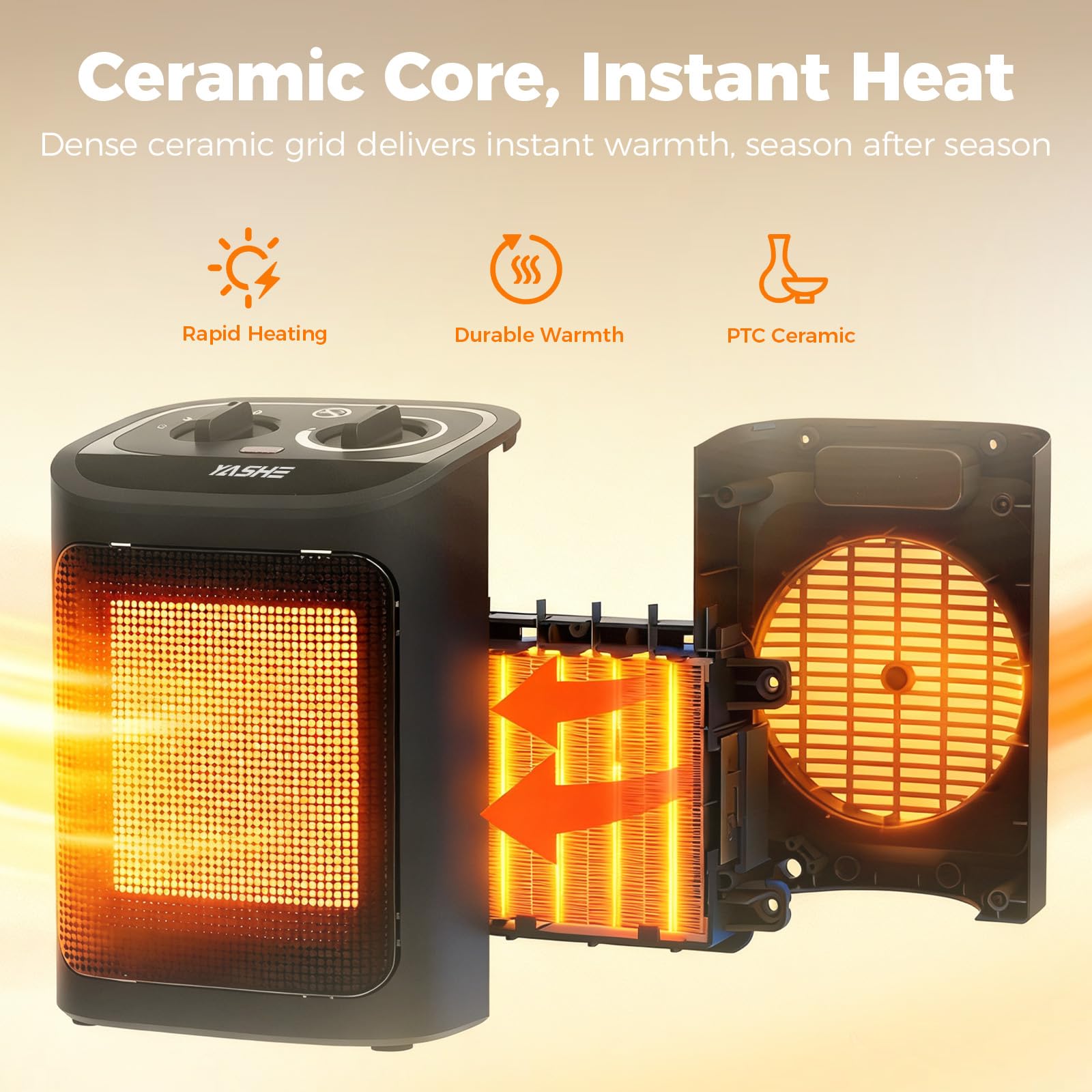 YASHE Electric Heater 1500W PTC Ceramic Heating Element with Thermostat | Black 3