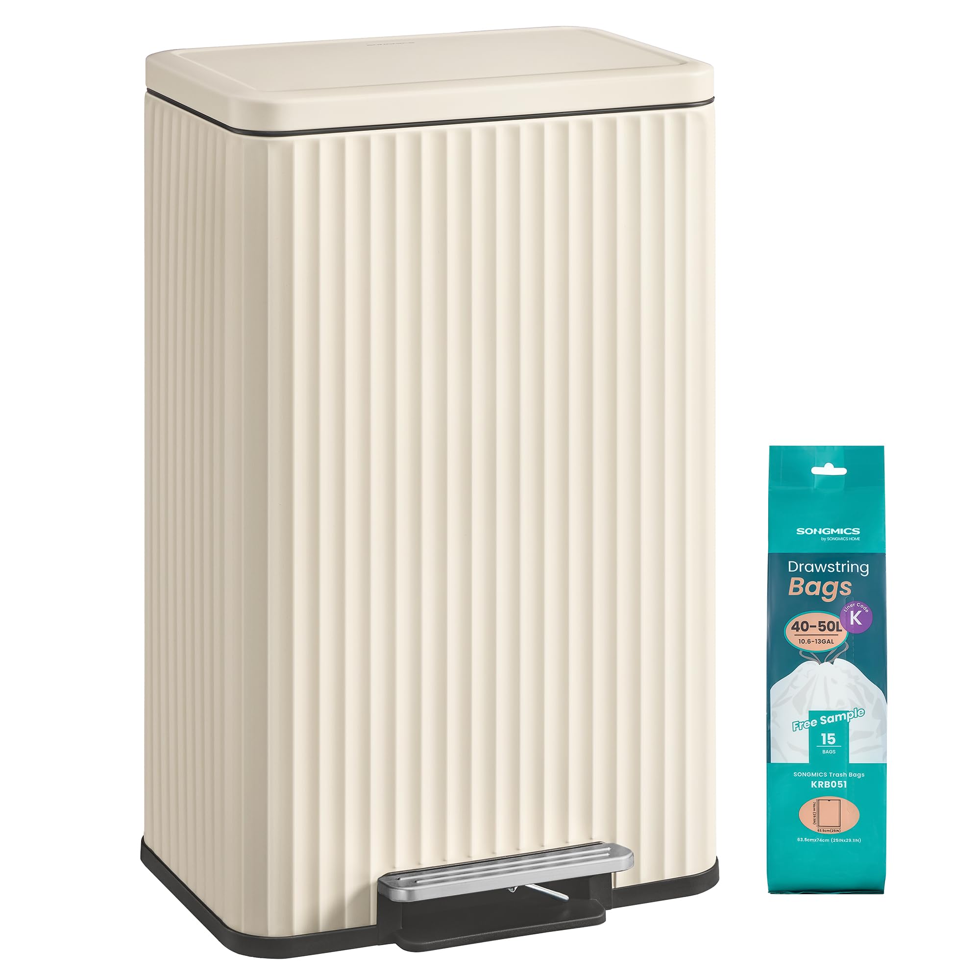 SONGMICS 50 L Kitchen Bin with Pedal | Soft-Close Lid | Cream White Alloy Steel 1
