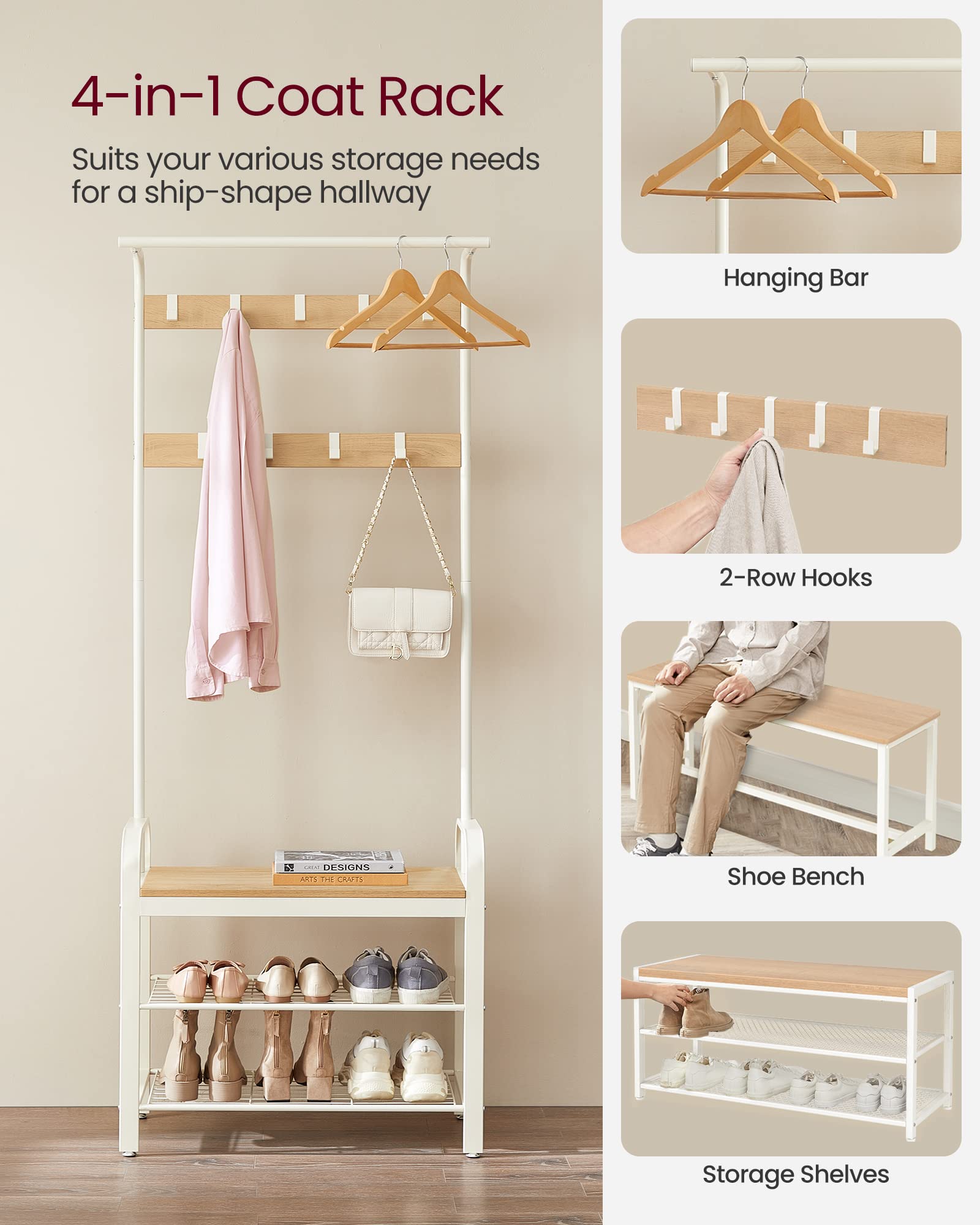 VASAGLE 4-in-1 Coat Rack with Shoe Storage Bench | 9 Removable Hooks | Industrial Oak & Cream | 72 x 33.7 x 183 cm 3