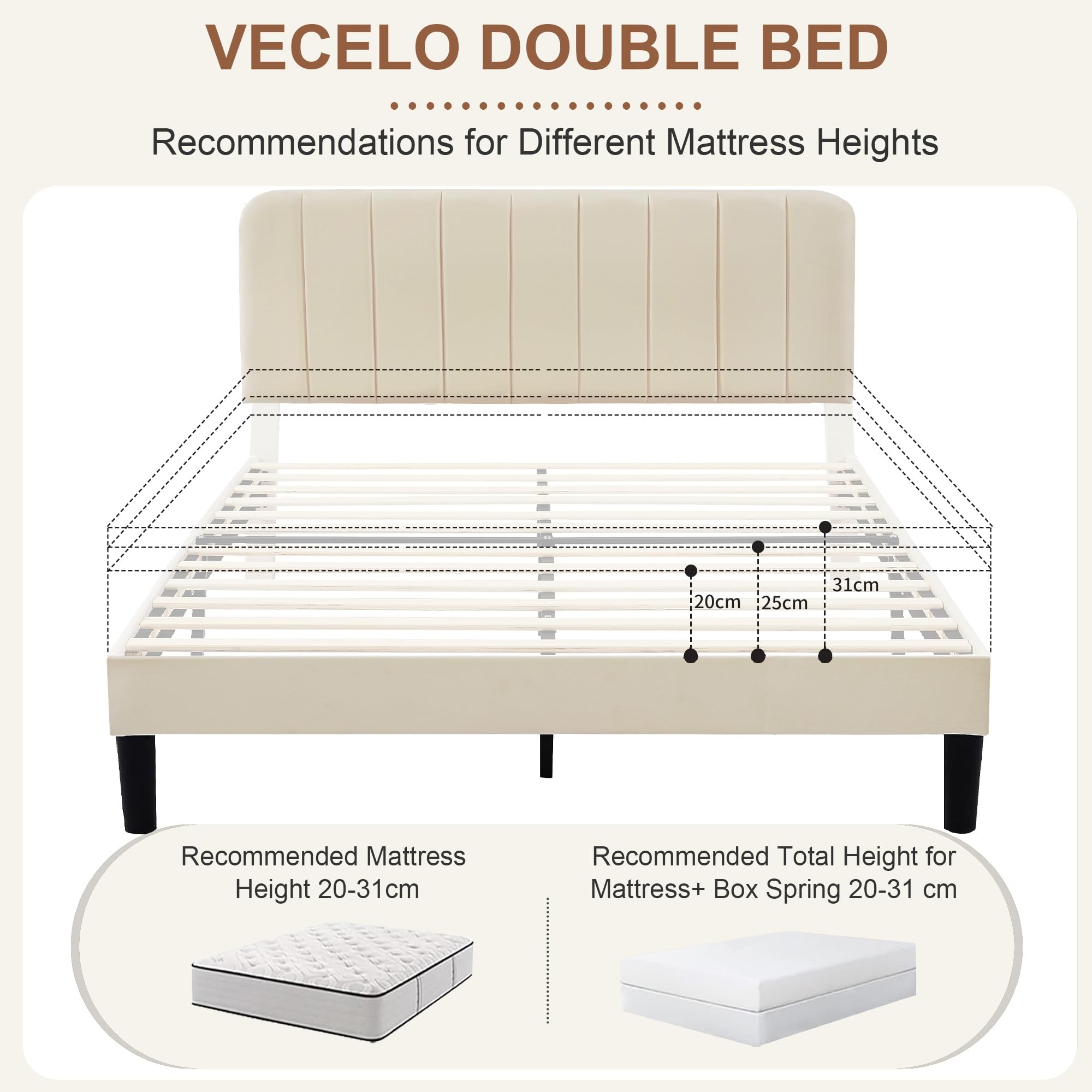 VECELO Upholstered Double Bed Frame 135x190cm Beige Metal Frame Adjustable Headboard Max Load 362kg 7
