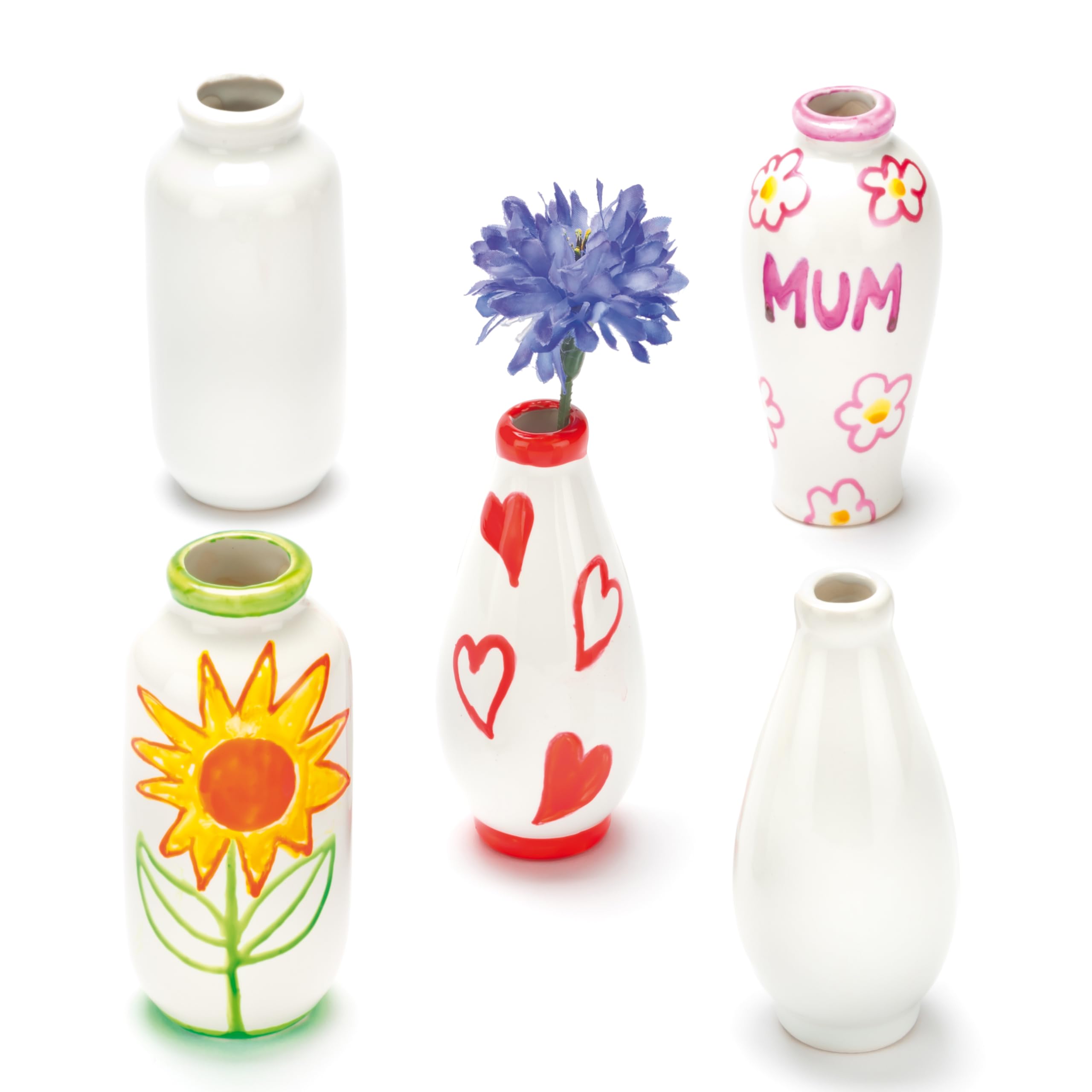 Baker Ross EC192 Mini Porcelain Vases for Decorating - Set of 6 | 10cm High | Assorted Designs 1