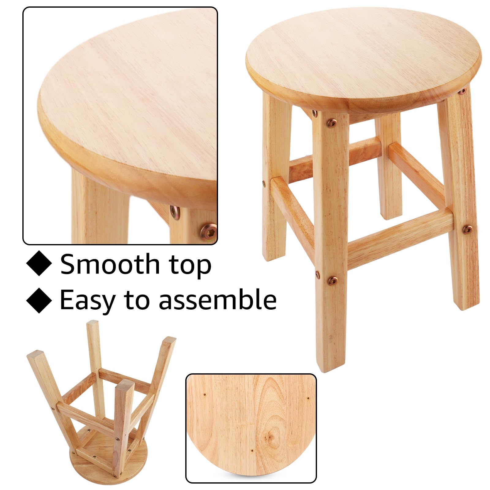 ASelected Solid Wooden Stool - Round, 45cm Height, Natural Oak Top | Easy Assembly 5