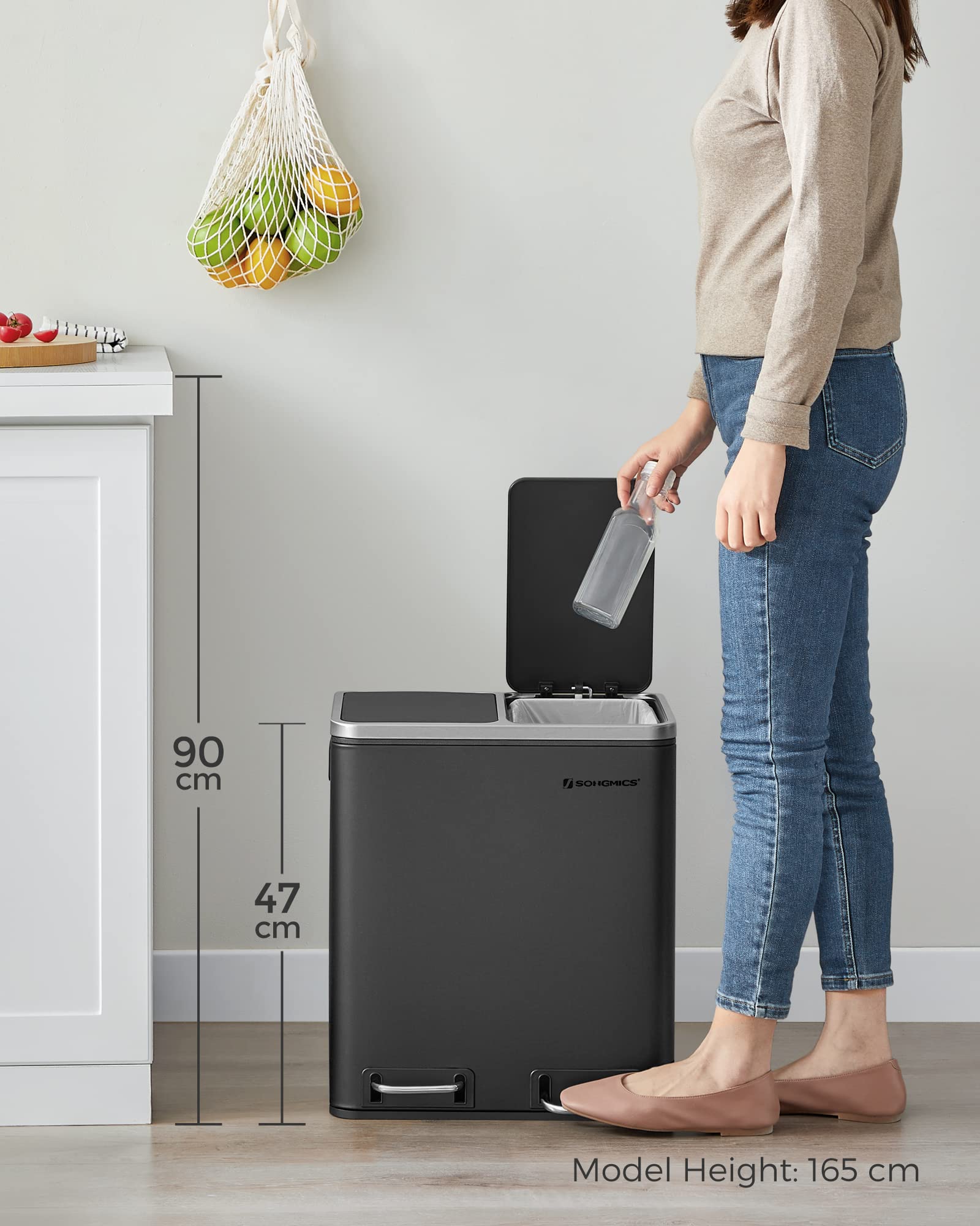 SONGMICS Dual Rubbish Bin - 2 Compartment Recycling Bin with Pedals | 2 x 15 L | Black 8