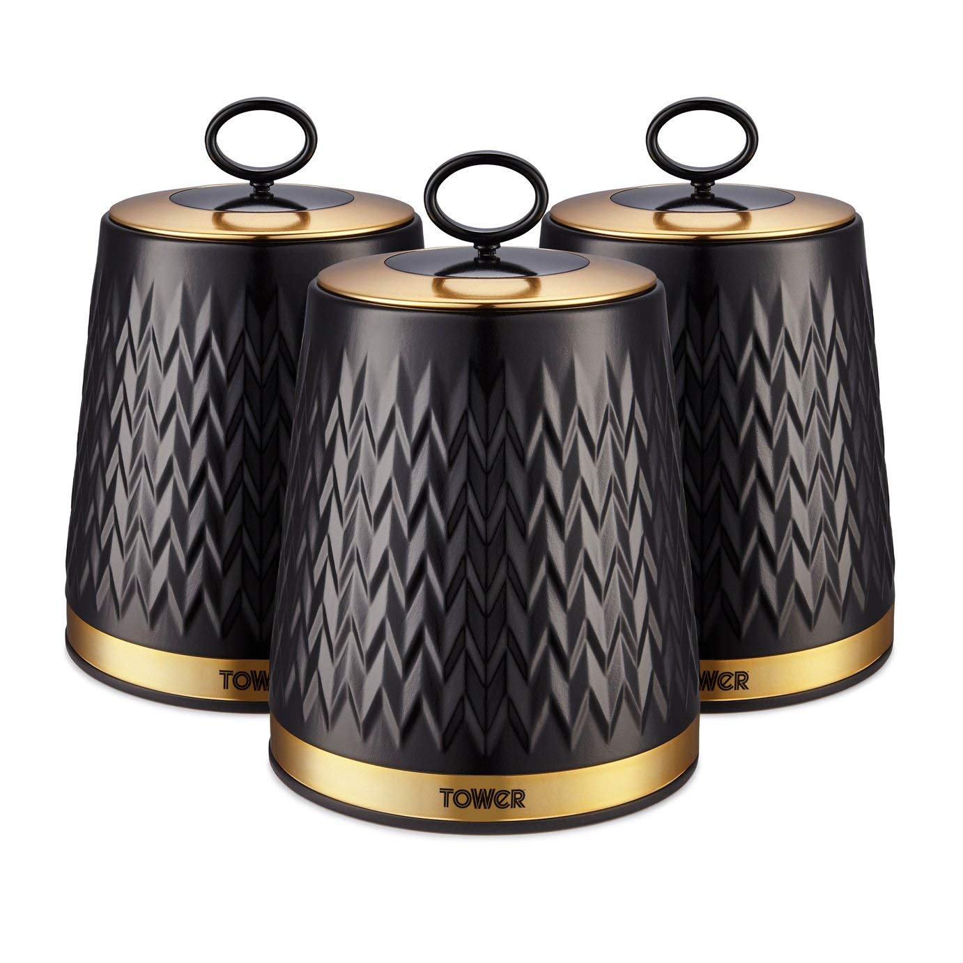 Tower Empire Set of 3 Storage Canisters for Tea Coffee Sugar | 1.3L Capacity | Black and Brass 2