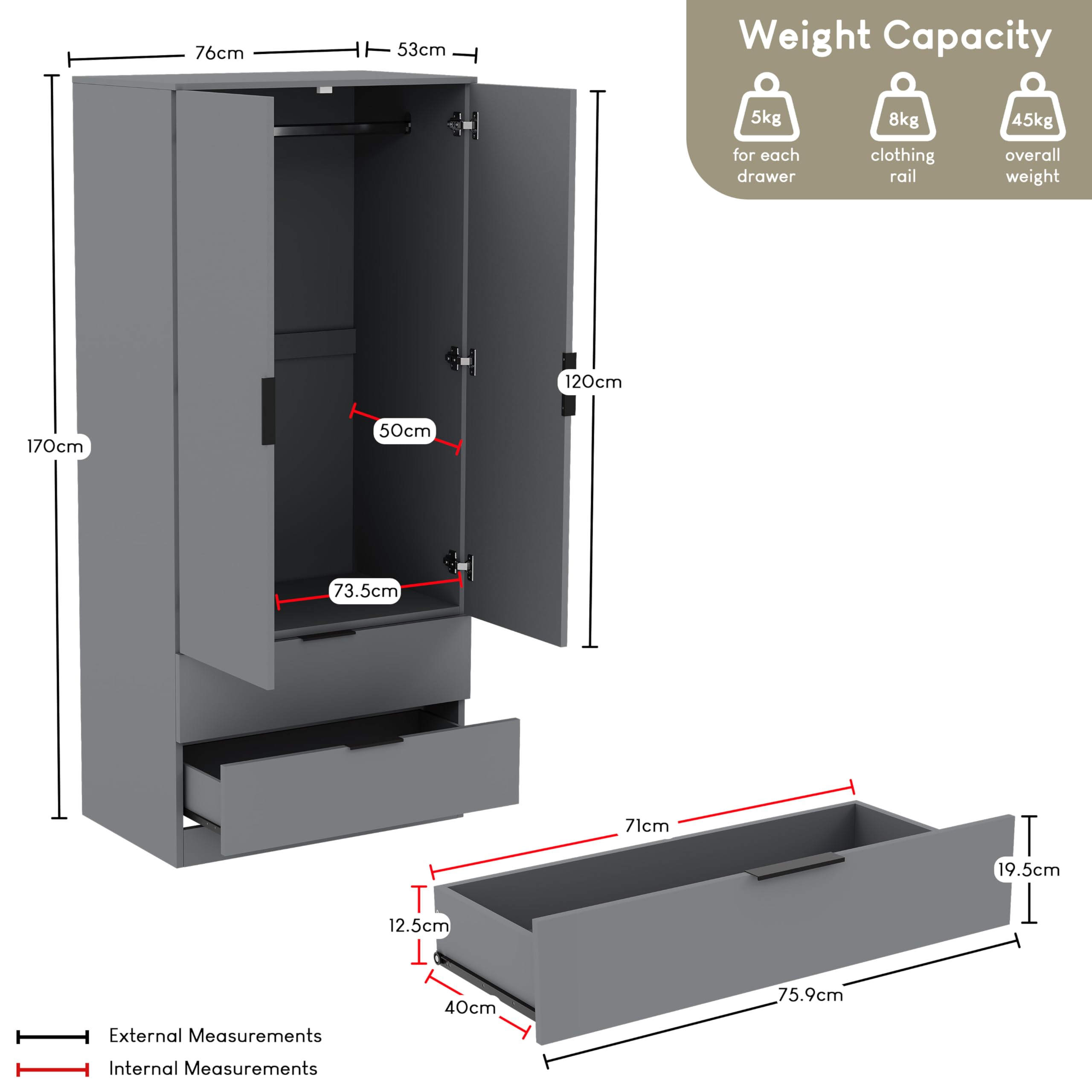 Vida Designs Trega Wardrobe - 2 Door 2 Drawer | Grey Finish | 170cm H x 76cm W 2