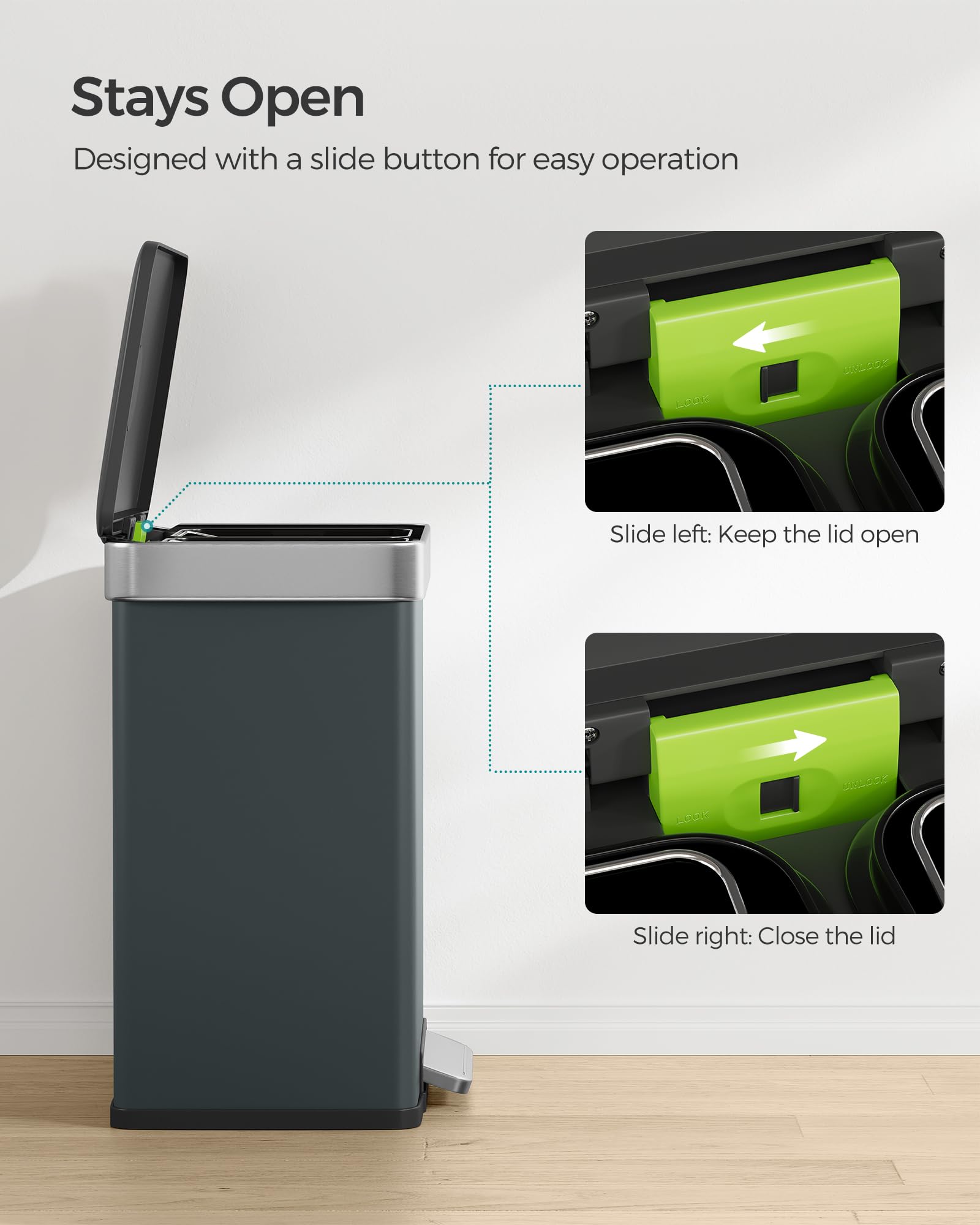 SONGMICS Kitchen Pedal Bin - 2 x 30L Dual Compartment Waste Separation System | Stainless Steel | Greenish Grey 6