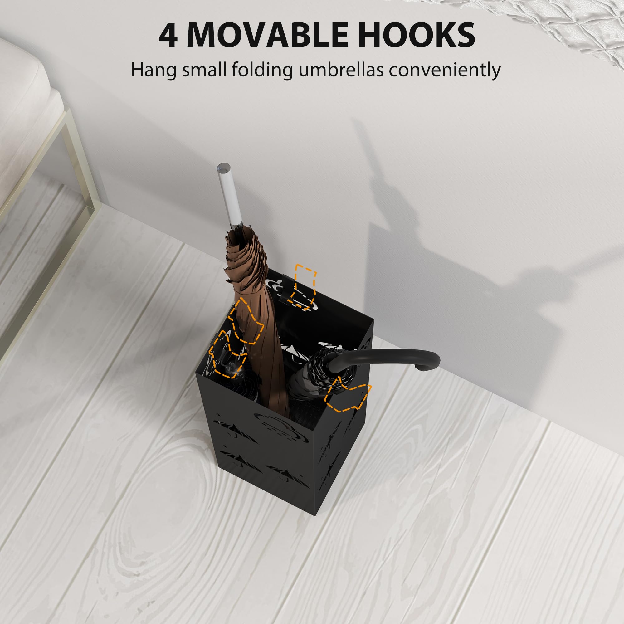 HOMCOM Metal Umbrella Stand with Drip Tray and 4 Hooks | Black | 15.5 x 15.5 x 41 cm 4